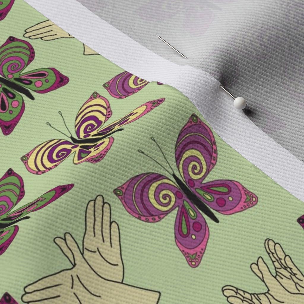 Spoonflower Fabric - Butterfly Green Pink Butterflies Sign Language Hands Printed on Denim Fabric by The Yard - Bottomweight Apparel Home Decor Upholstery