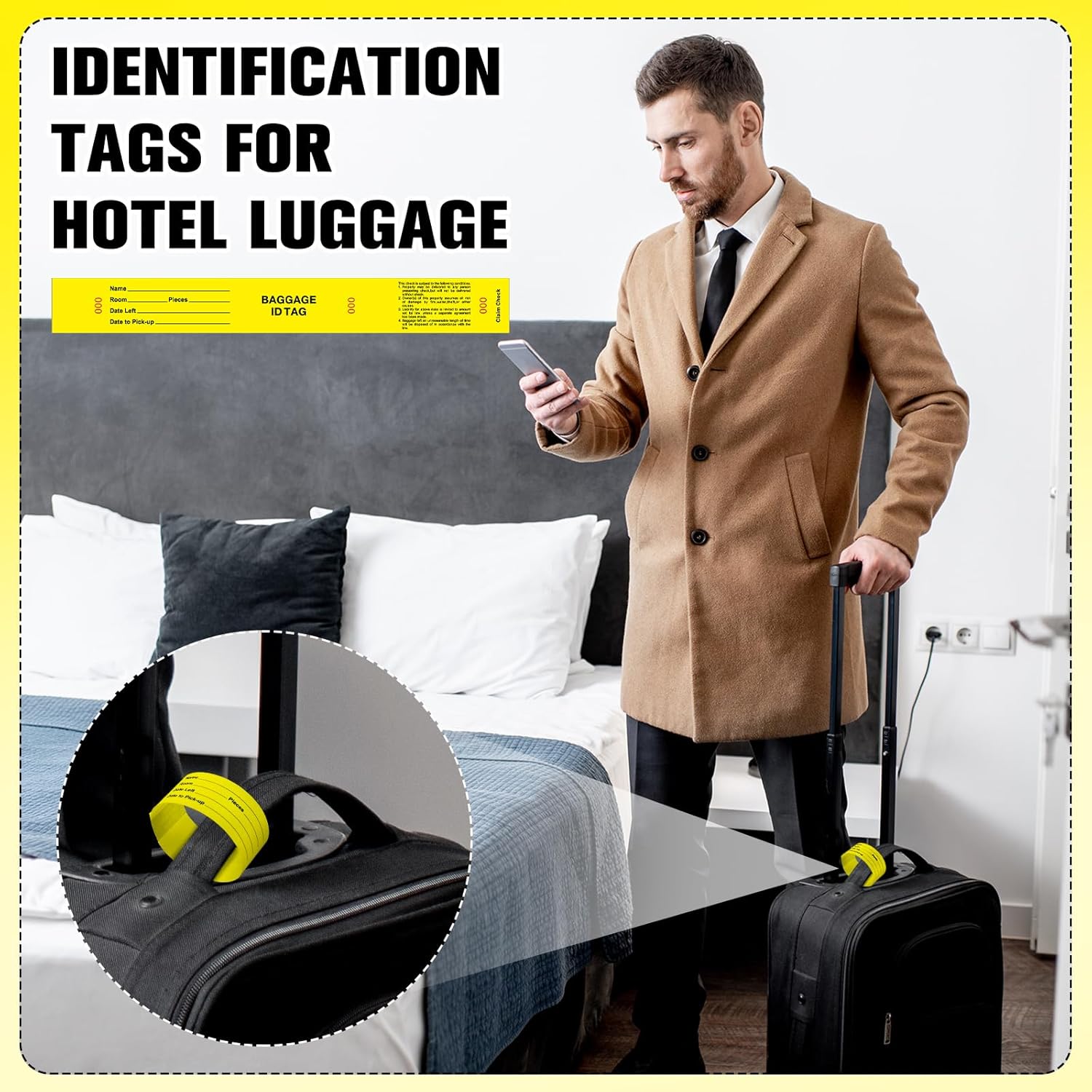 1000 Hotel Luggage ID Tags with Transfer Tape on Back Paper Baggage Claim Check Tags Numbering from 000 to 999 Baggage Identification for Hotel Suitcase Motel Bag(Yellow)