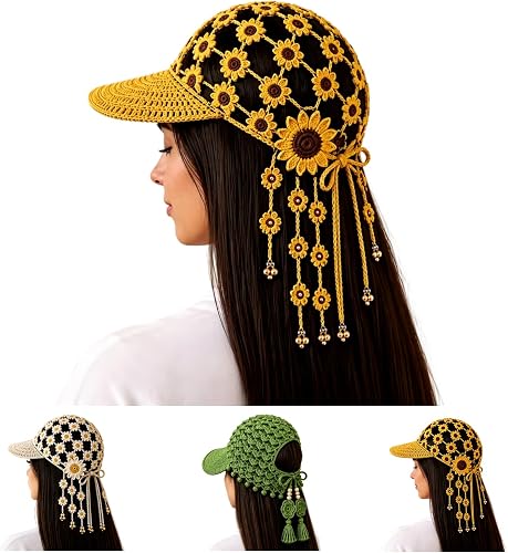 Hand Crochet Sunflower Baseball Cap Boho Tassel Bell Hat for