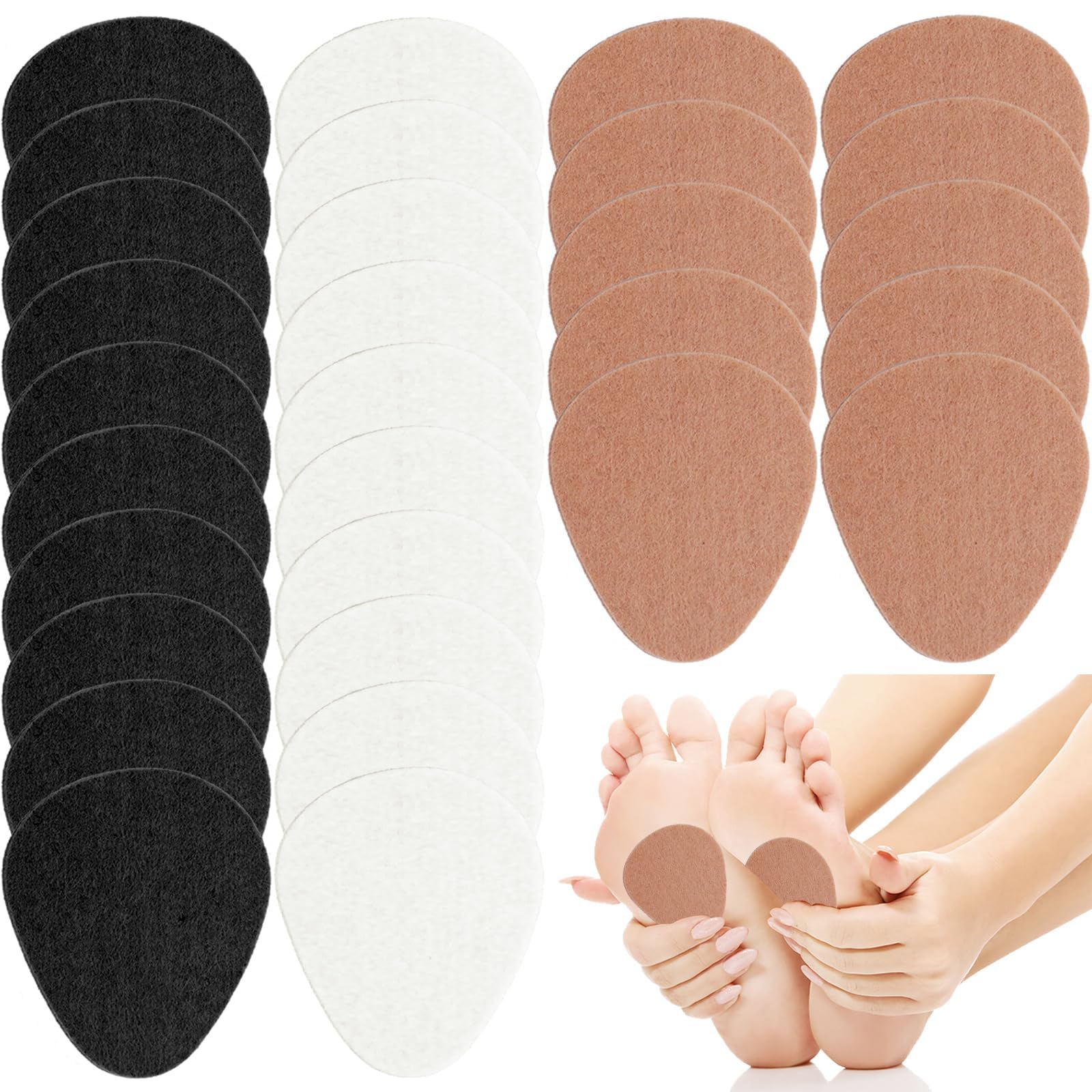 30 PCS Metatarsal Felt Feet Insert Pads 1/4 Inch Thick Cushion Pain Relief Forefoot Support Adhesive Foam Foot Cushion Pad for Men and Women (White, Black, Beige)