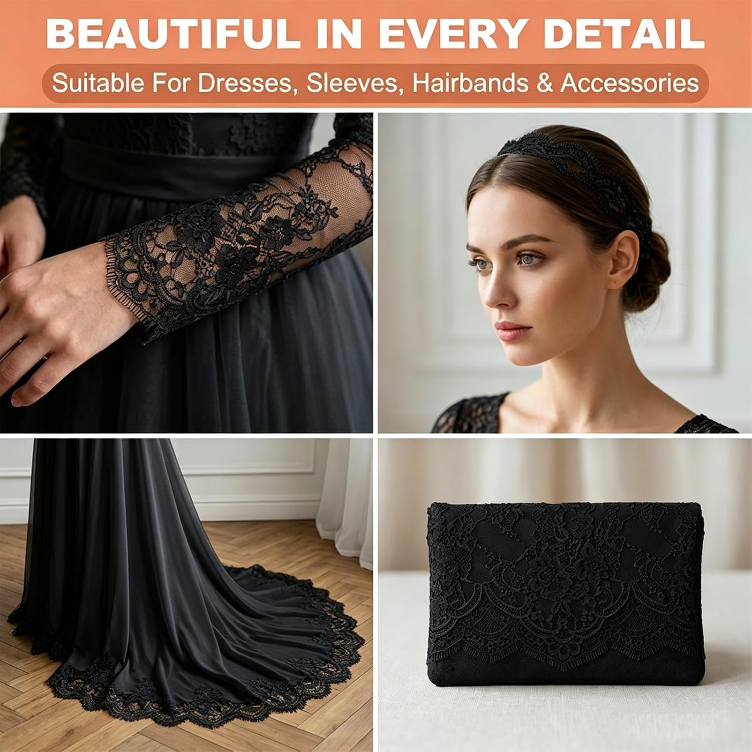 16.5" Wide 3.2 Yard Black Eyelash Lace Fabric,Floral Embroidery Trim