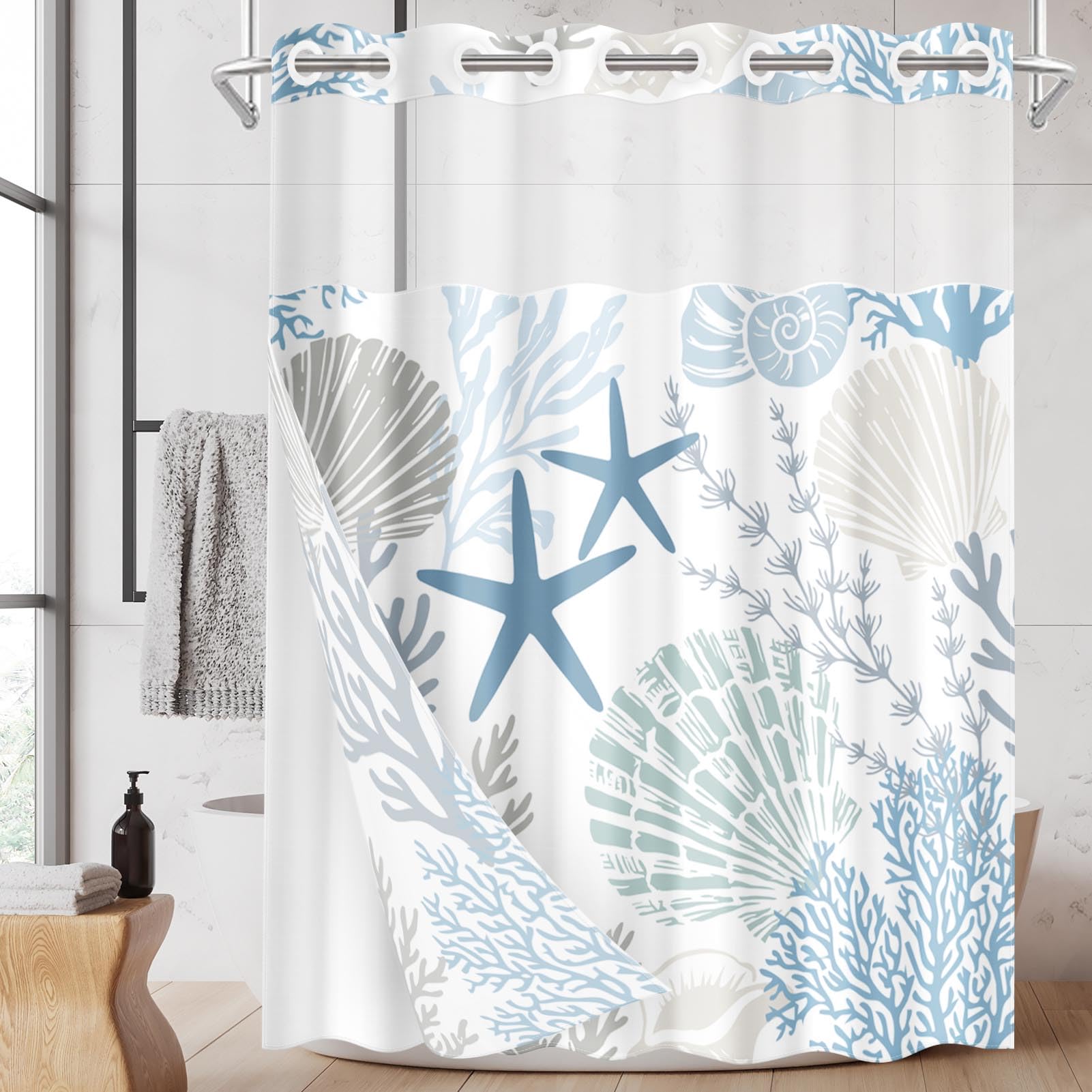 Nesphy No Hook Nautical Coastal Shower Curtain with Snap in Fabric Liner Set, Starfish Seashell Coral Beach Ocean Double Layers Waterproof Fabric with