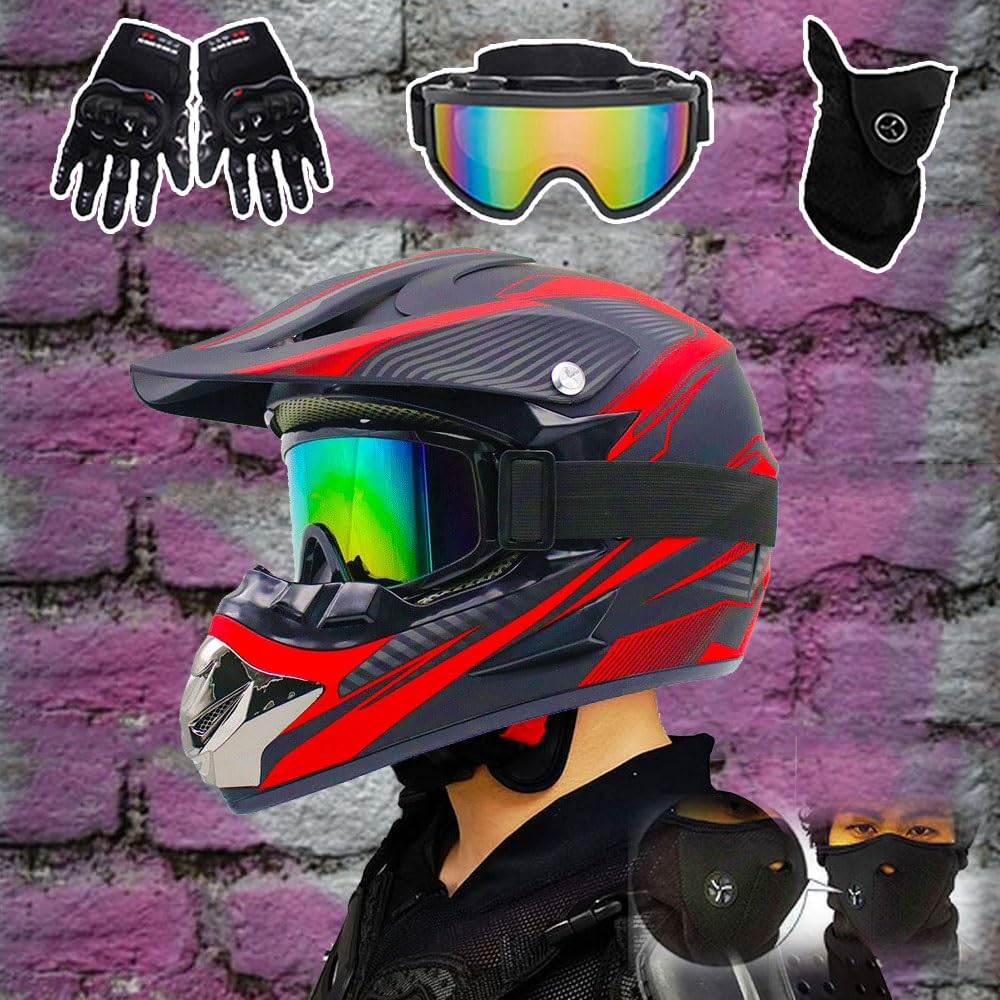 Casco Per ATV Per Bambini Omologato DOT Con Visiera, Per Moto da Cross Elettrica, Casco Per Mountain Bike Fuoristrada E Downhill Per Bambini Dagli 8 Ai 14 Anni, con Occhiali, Guanti E Maschera