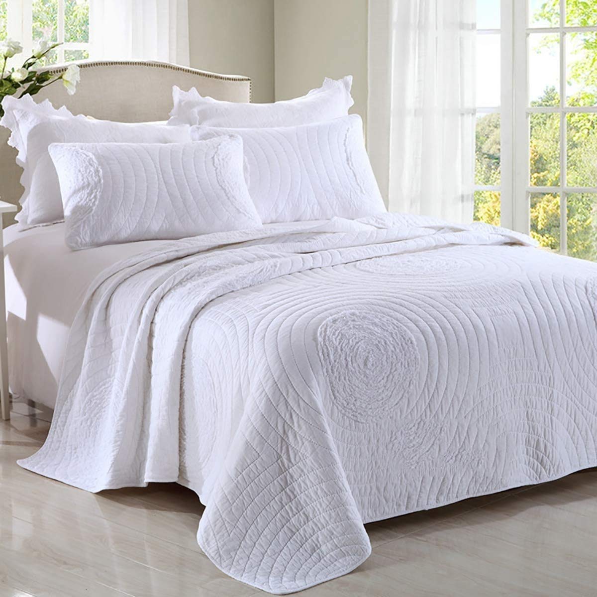MiDuoHU Quilted Bedspread Coverlet Washable Solid Color Embossed & Reversible Quilt Bed Cover with 2 Pillowcases 100% Cotton(White,230x250cm)