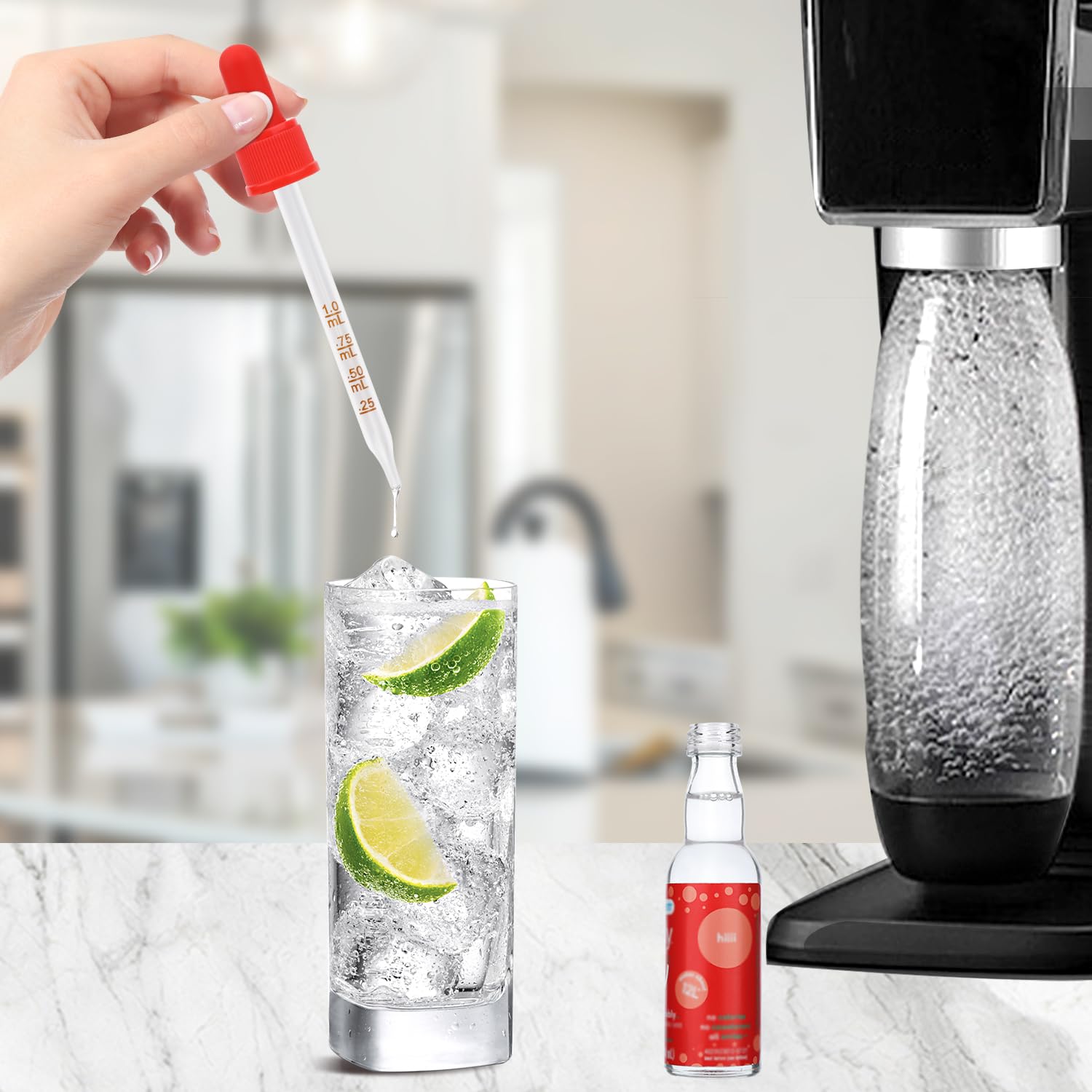 6szt Szklanych Pipet z Kroplomierzem i Szczoteczką do Czyszczenia, Wielokolorowe Szklane Pipety z Miarkami Kompatybilne z Kroplami Sodastream Bubly Bubbly Drops (6 Kolorów)