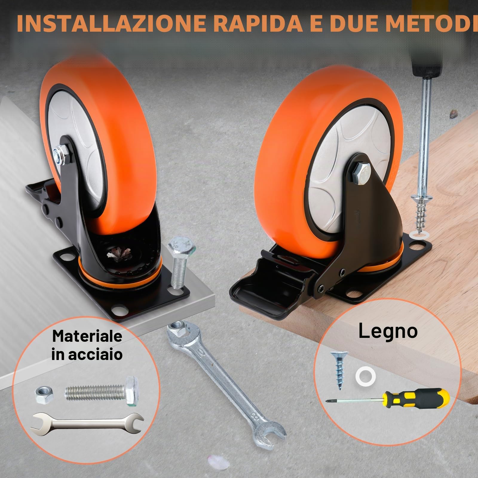 Moogiitools Set di 4 Ruote per Mobili 4 ruote girevoli mobili con freno,Rotelle per Mobili Silenziose Girevoli a 360°, Rotelle con Freno per Banco da Lavoro (127mm-Portata Max 1000KG)