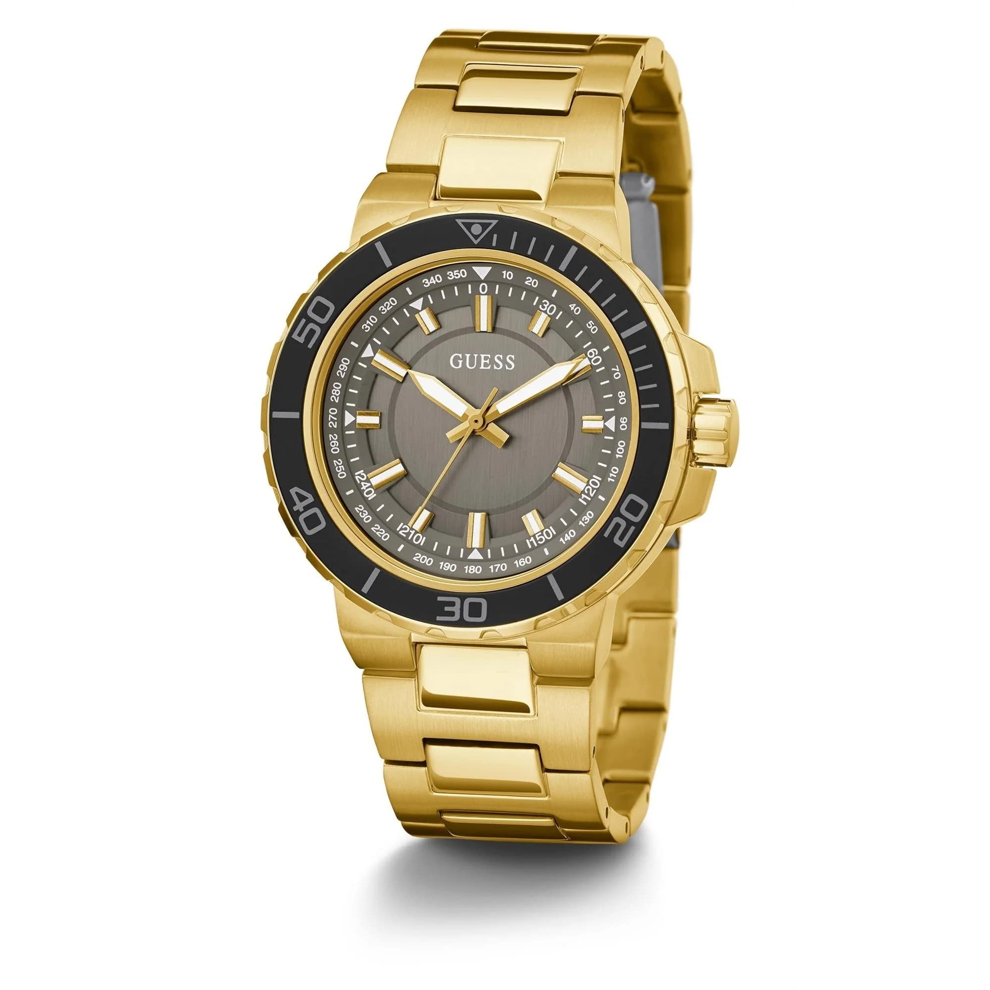 GUESS Reloj deportivo para hombre inspirado en el buceo de 44 mm, esfera negra y caja de acero inoxidable en tono plateado