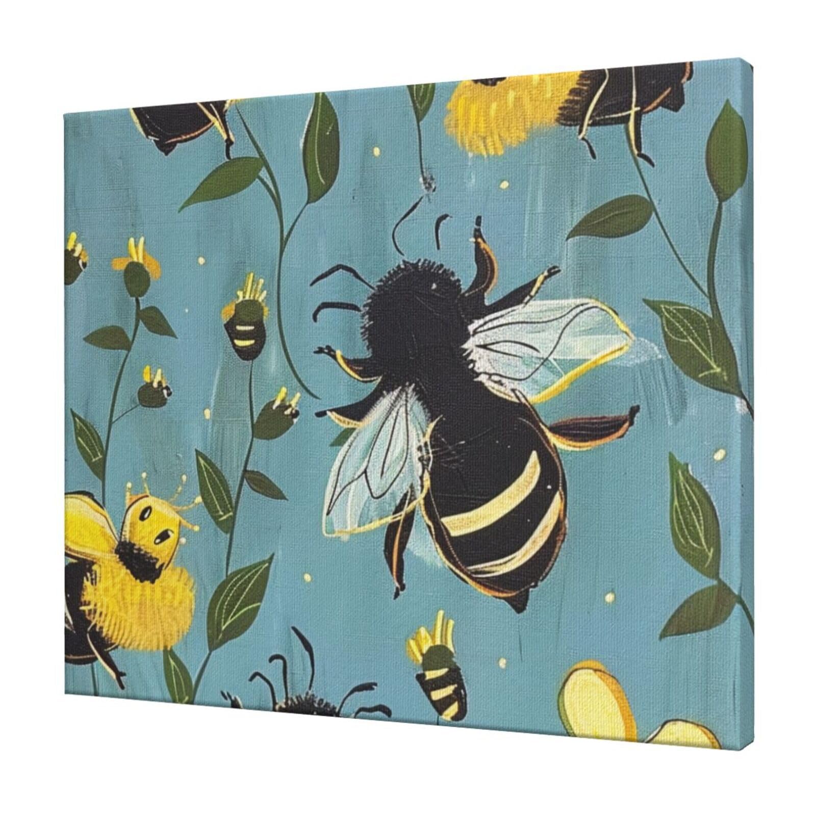 YKLJG Cartoon Bees Printed Wall Art Canvas Prints 60x50 CM Wooden Framed Picture Painting Artwork for Bedroom Kitchen Home Office Decor