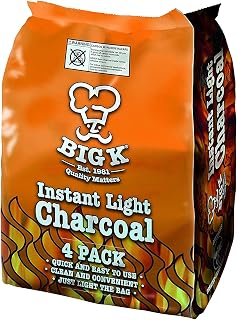 Big K Organic Restaurant Grade Instant Light Lumpwood BBQ Charcoal for Barbecues and Pizza Ovens, 4x 1KG Bags