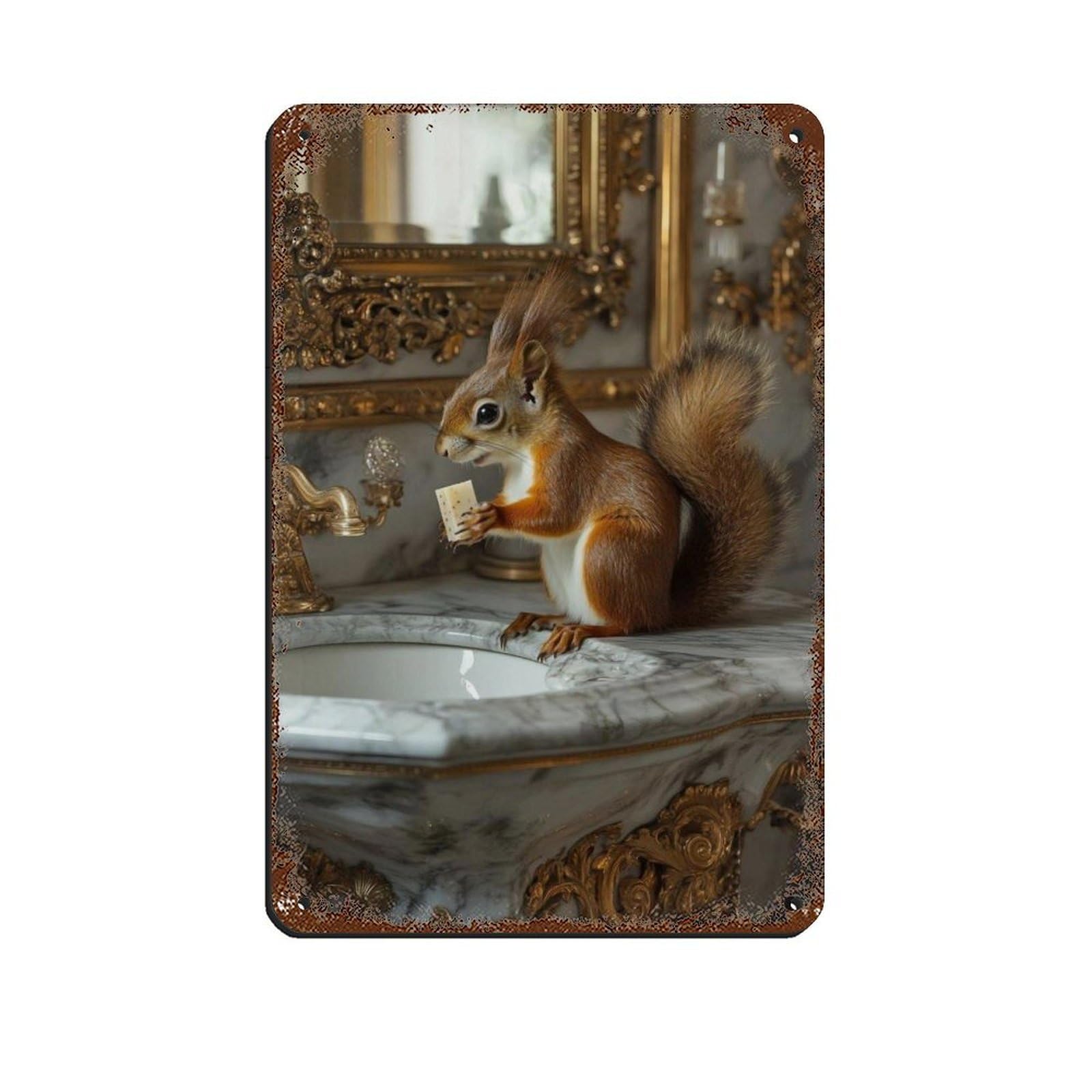 Adorable Squirrel Bathroom Art Retro Poster Metal Tin Sign Chic Art Retro Iron Painting Bar People Cave Cafe Family Garage Poster Wall Decoration 8x12inch(20x30cm)