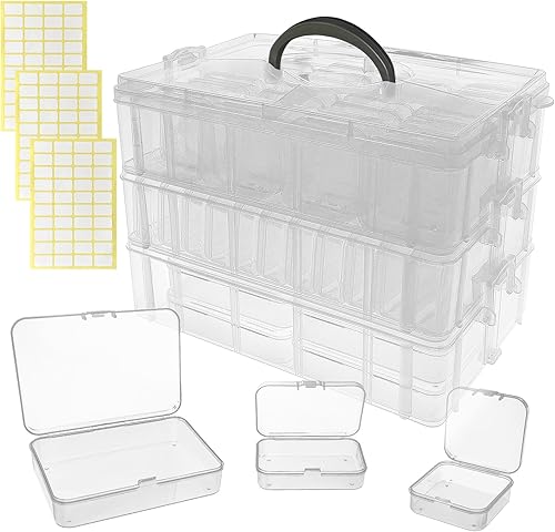 Miniatura 9 de Paquete de 24 cajas pequeñas de plástico transparente con tapas con bisagras, juego de cajas apilables surtidos para manualidades, cuentas y joyas,