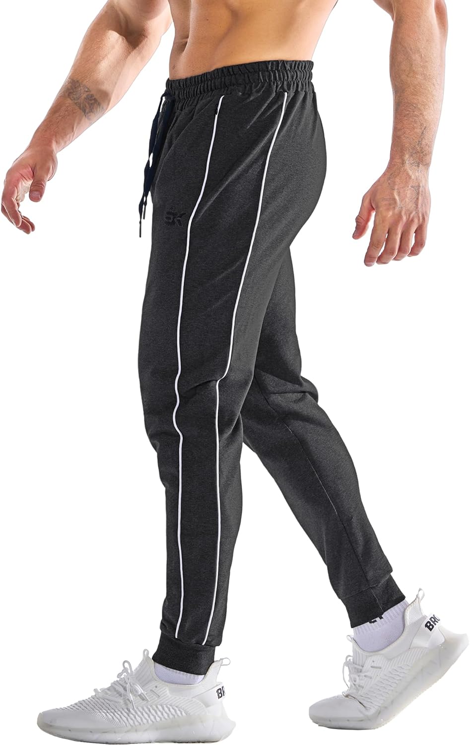 BROKIG Men's Stripe Gym Joggers Pants, Causal Slim fit Tapered Workout Sweatpants with Zipper Pocket