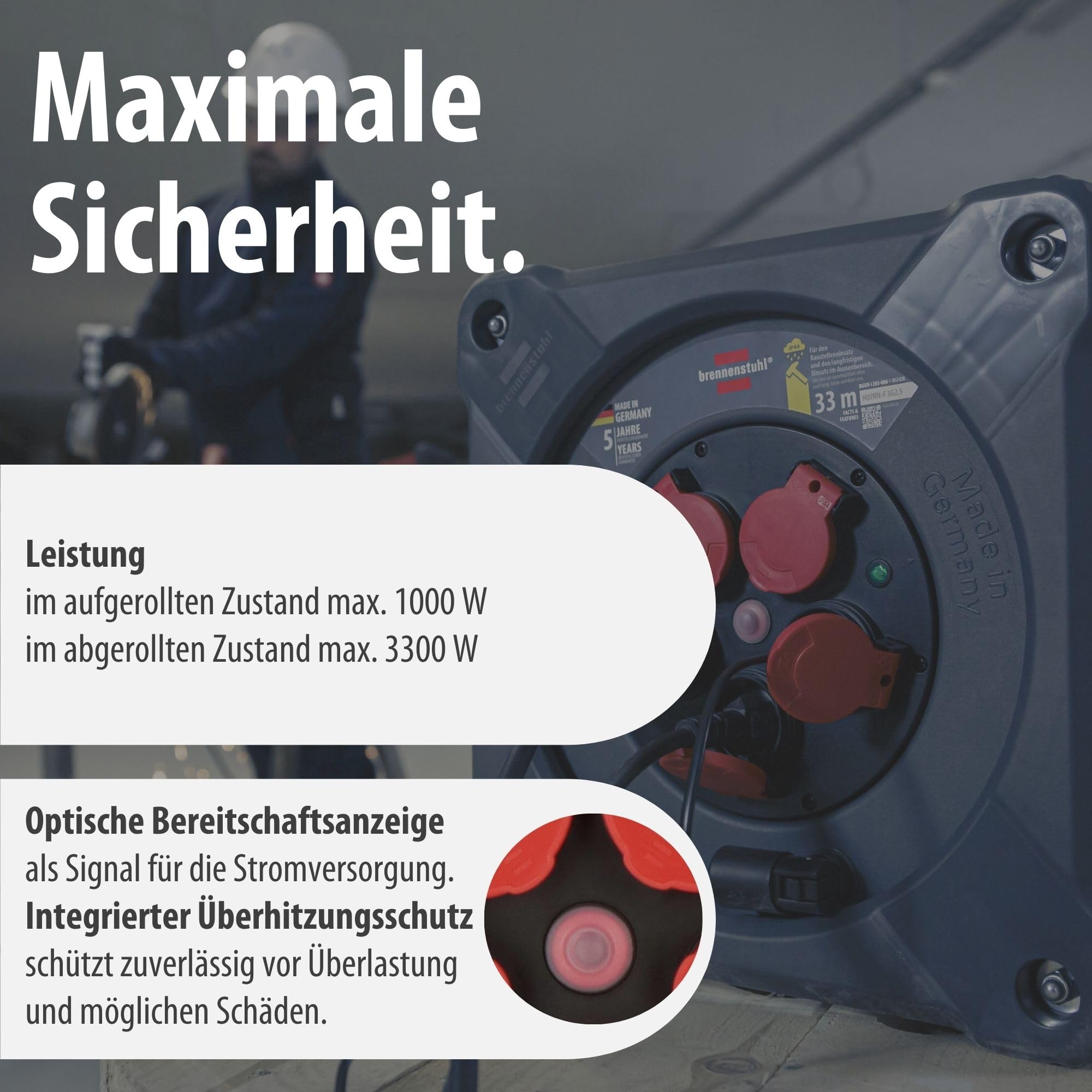 Brennenstuhl Avvolgicavo professionale per cantiere, KA 3200 5 IP44 (33 m cavo H07RN-F 3G2,5 in nero, 5 prese di sicurezza, uso in cantiere e uso esterno permanente, Made in Germany)