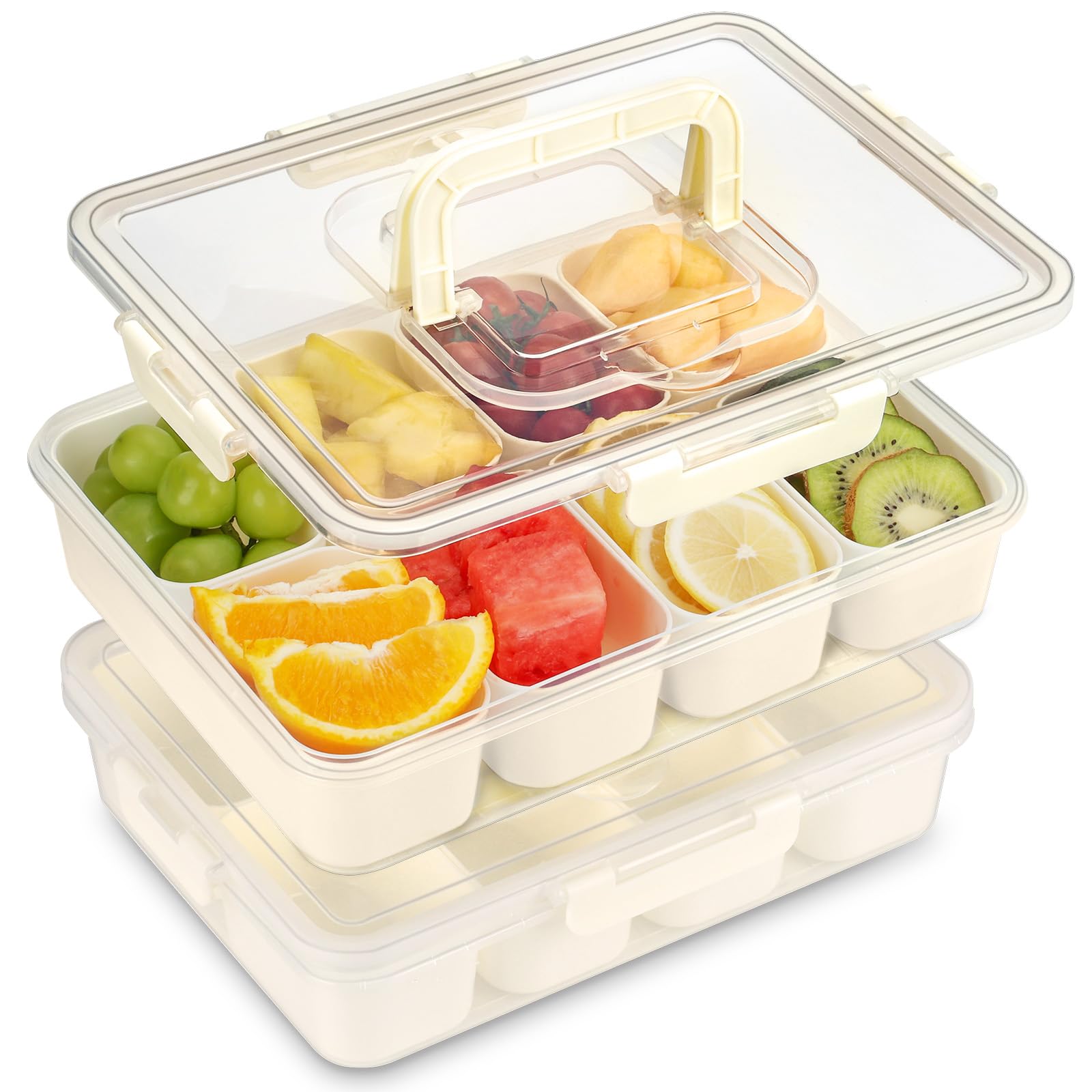KOMABLEN Snackbox mit 8 Fächern, 2 Stück Snackteller aus PP Spülmaschinenfest, Snackschale mit Deckel und Griff, Tragbar Snackbox Organizer für Süßigkeiten Obst Keksen Dessert Gemüse Nüsse