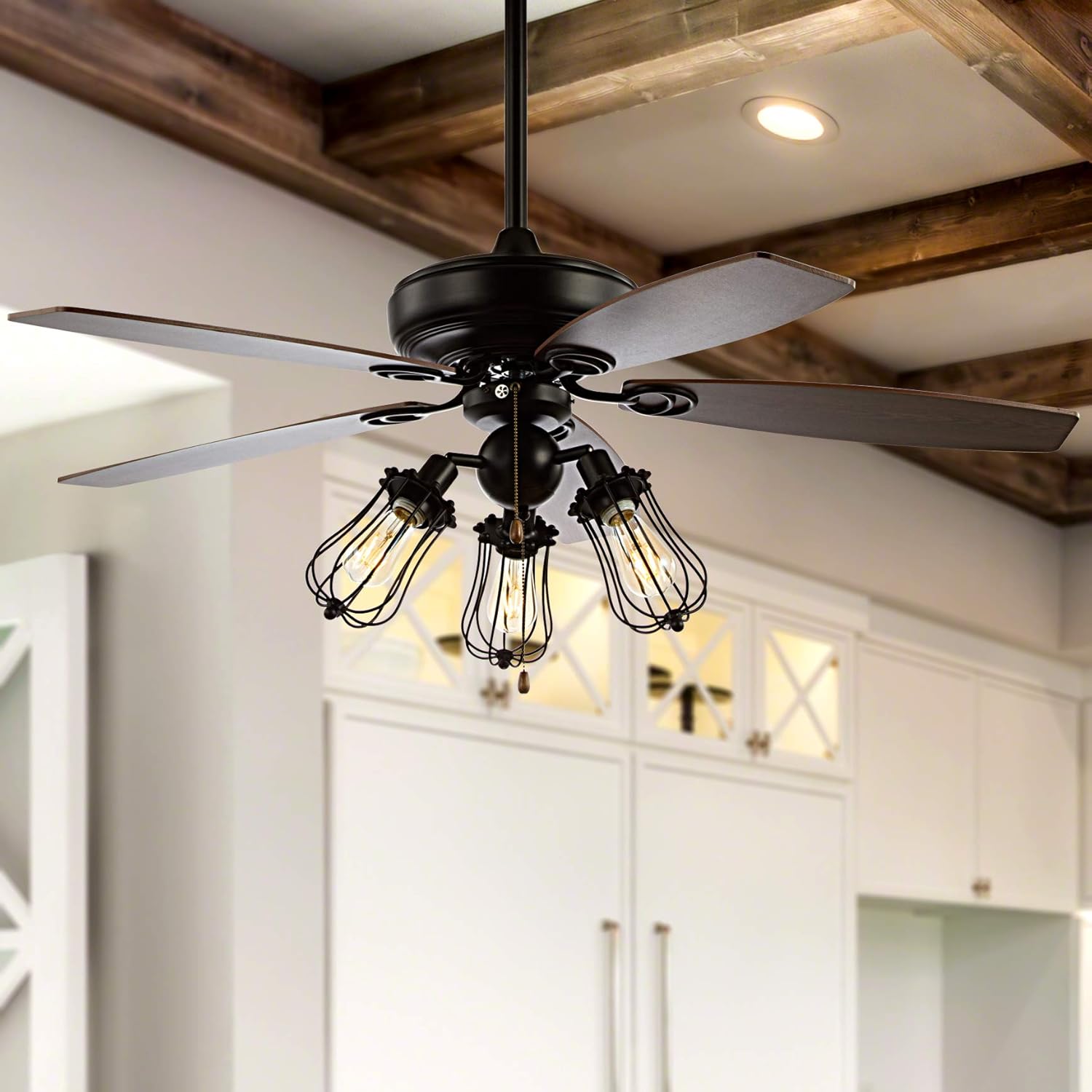 JONATHAN Y 52" Black 3-Light Iron and Wood Ceiling Fan, Industrial Caged Design with 5 Reversible Ashwood/Brown Blades, Pull-Chain, Rustic Farmhouse Style, LED Bulbs Included JYL9601A