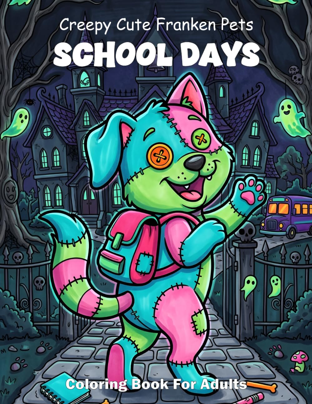 Creepy Cute Franken Pets School Days Coloring Book For Adults: Bold And Easy Spooky Classroom Monster Animals Large Print Clean Outlines For Simple Relaxation