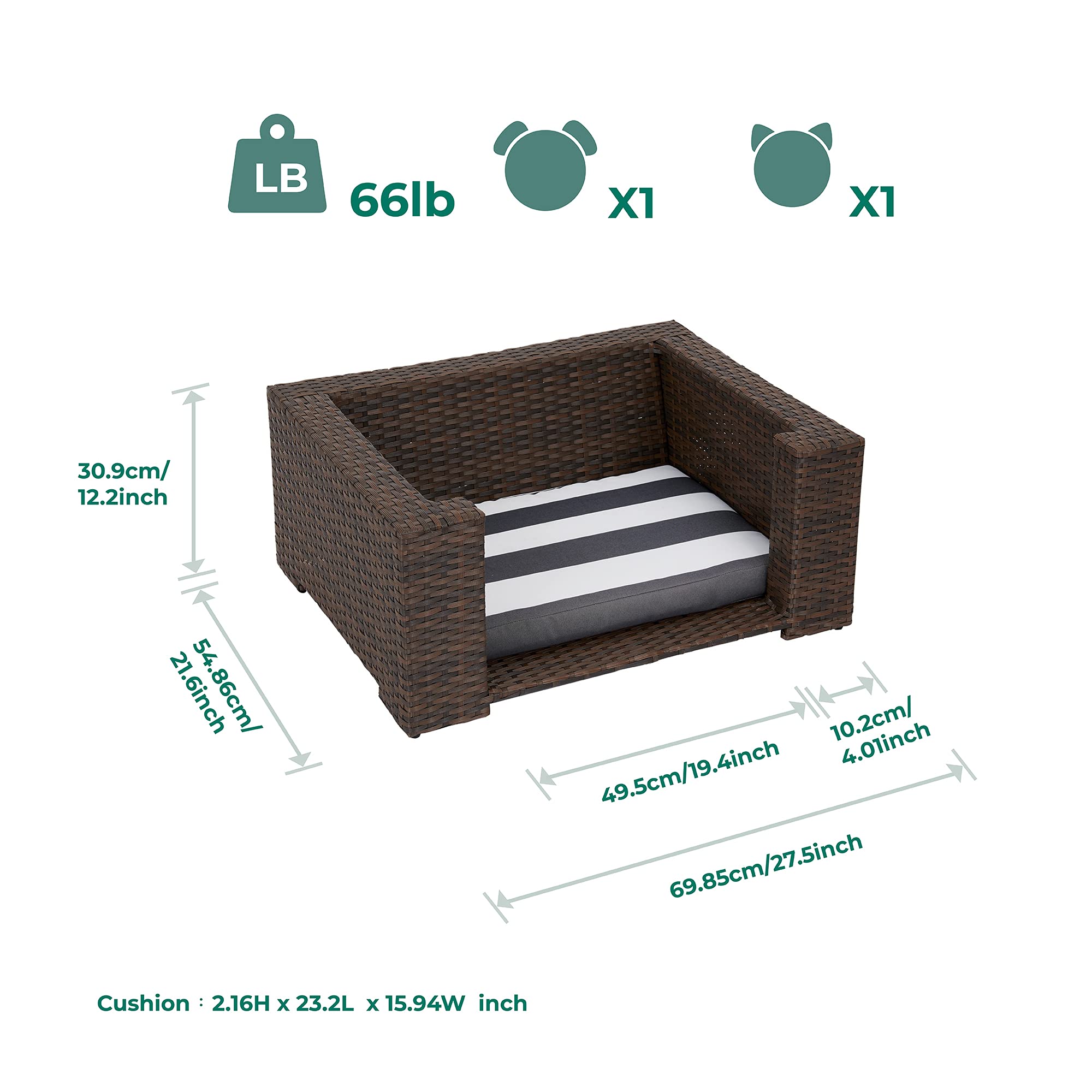 Teamson Pets Clotho Cama para Mascotas De Ratán para Interiores Y Exteriores, Sofá para Gatos o Perros Pequeños con Cojín Lavable Extraíble Marrón ST-N10005-UK | Tumbona elevada, cojín extraíble lavable, marrón, ST-N10005-UK