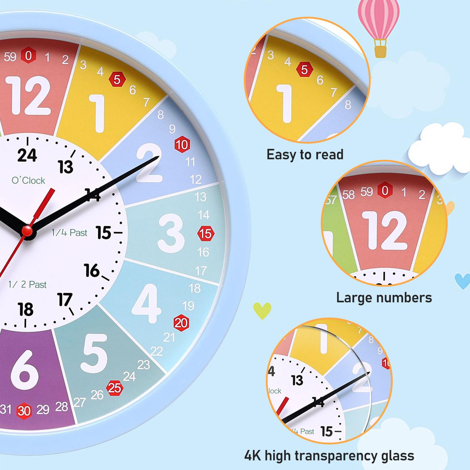 Orologio Da Parete Bambini SPORWAY - Senza Ticchettio, Educativo 30cm Per Cameretta - Foto 10