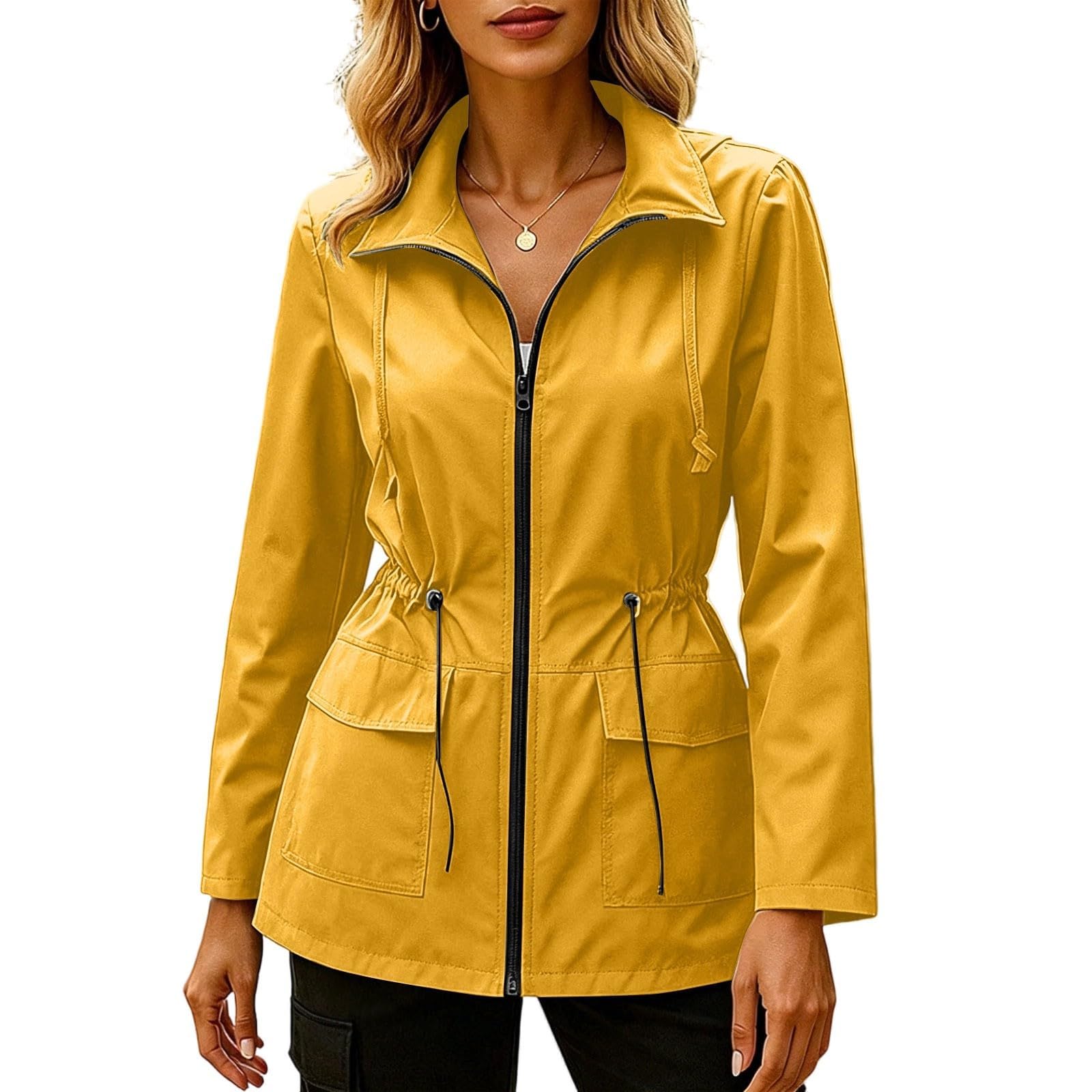 Generisch Damen Winddichte Wasserabweisende Outdoor Jacke, Reißverschluss Übergangsjacke mit Kragen fur Wander