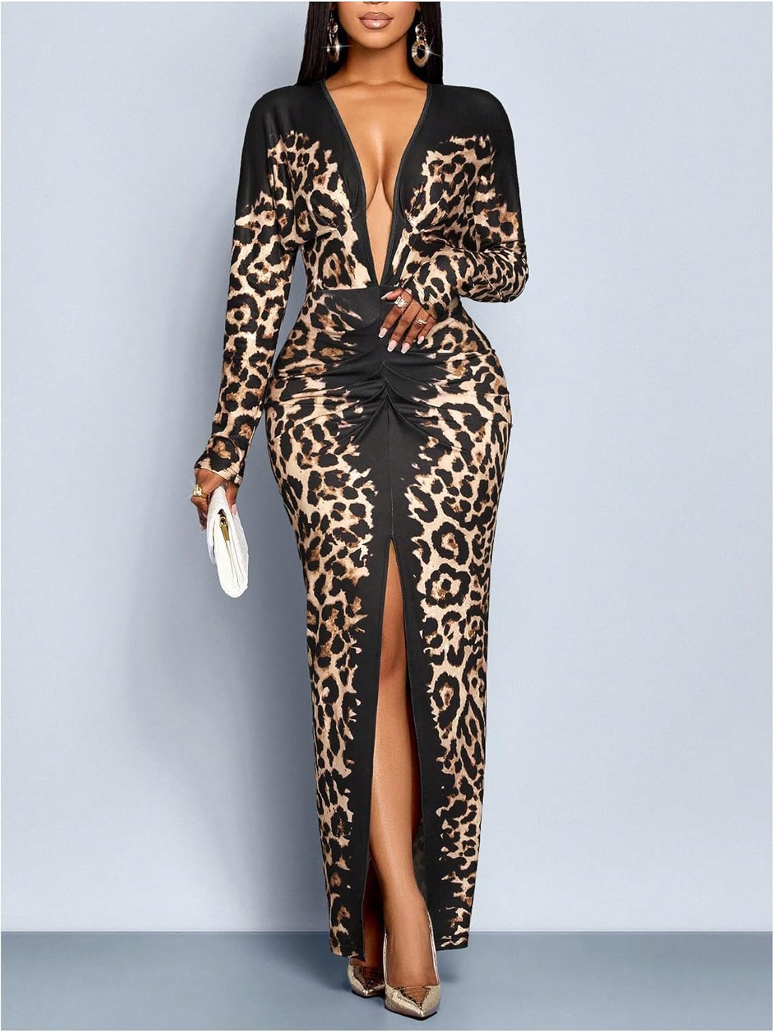 SHENHE Women's Sexy Leopard Print Deep V Neck Long Sleeve Slit Maxi Dress Party Evening Dress - Image 5