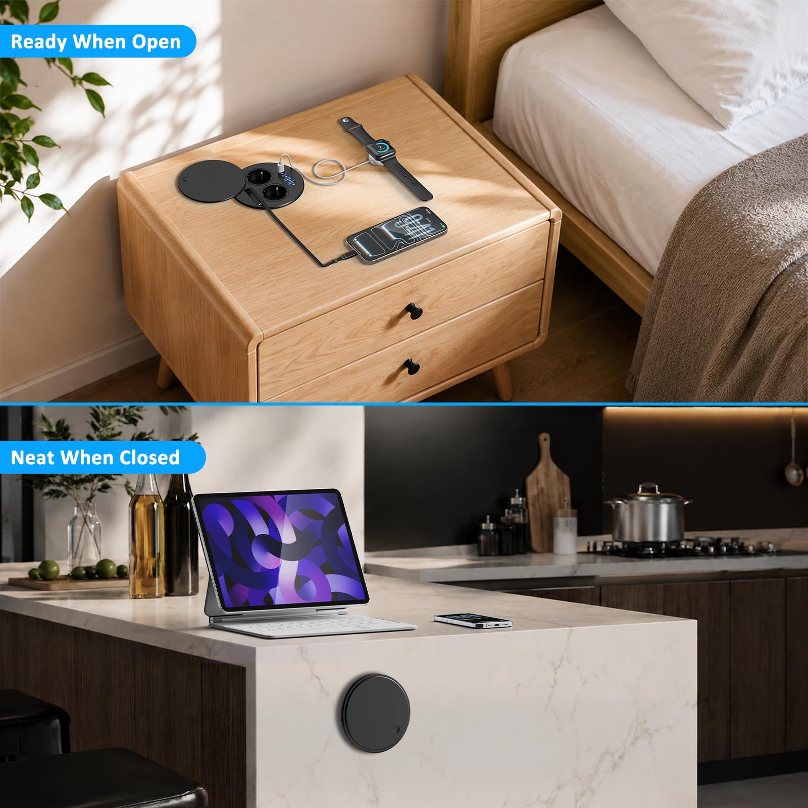 Toma empotrable encimera con USB C PD 35 W, multitoma empotrable de escritorio con tapa, bloque de enchufe escalable con cable de 1,8 m para cocina, oficina muebles
