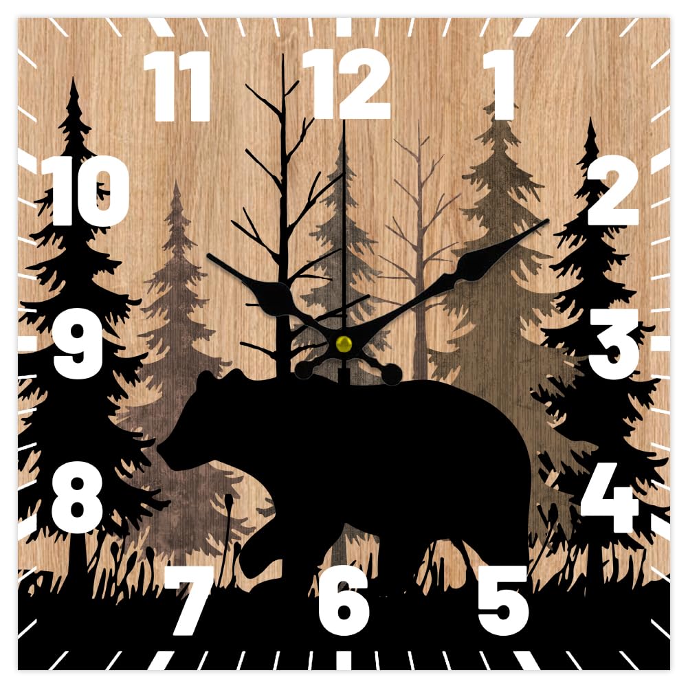 CHGCRAFT 12inch Bear Wall Clock Silent Non-Ticking Clocks Forest Wildlife Wall Clocks Battery Operated Rustic Farmhouse Clock for Home Decor Living