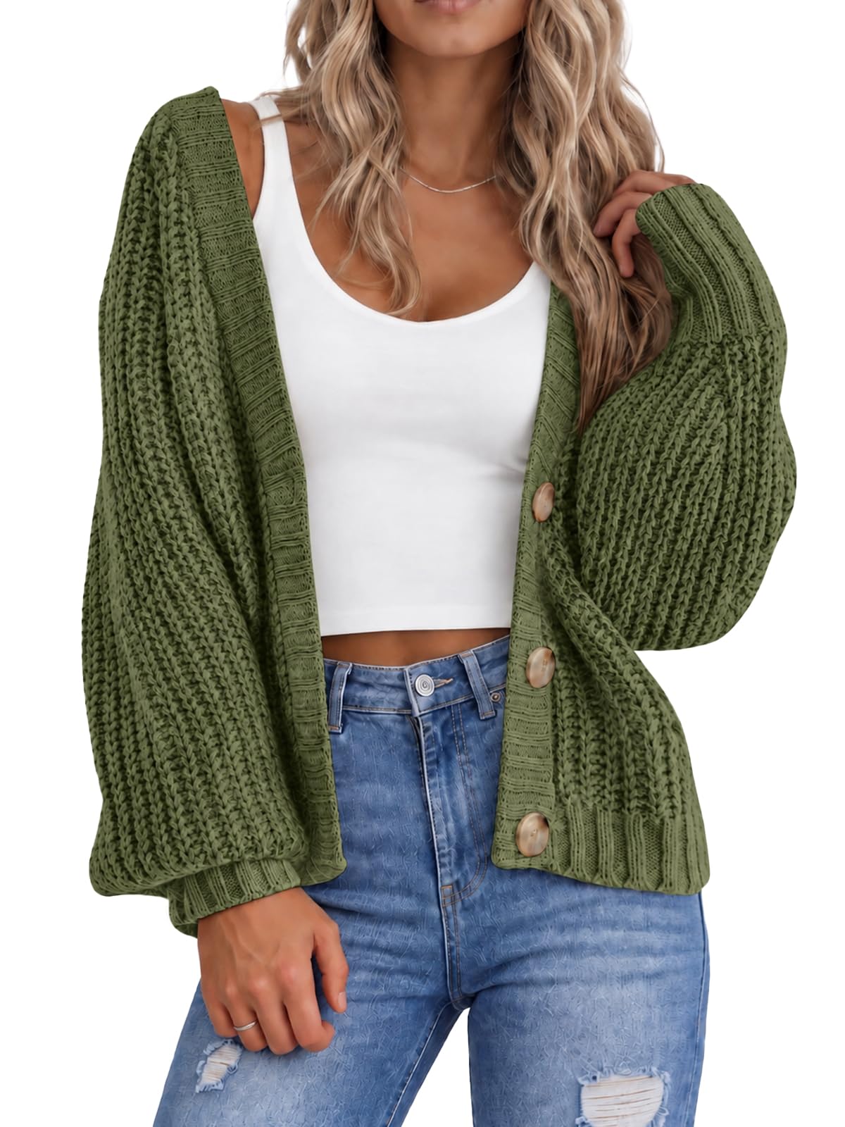 Saodimallsu Strickjacke Damen Kurz Cardigan V-Ausschnitt Winter Pullover | Grobstrick,Herbst,Winter,Casual,Knopfleiste,Strickcardigan,Elegant,Oversize,Jacke,Kuschelig Weich,Pullover