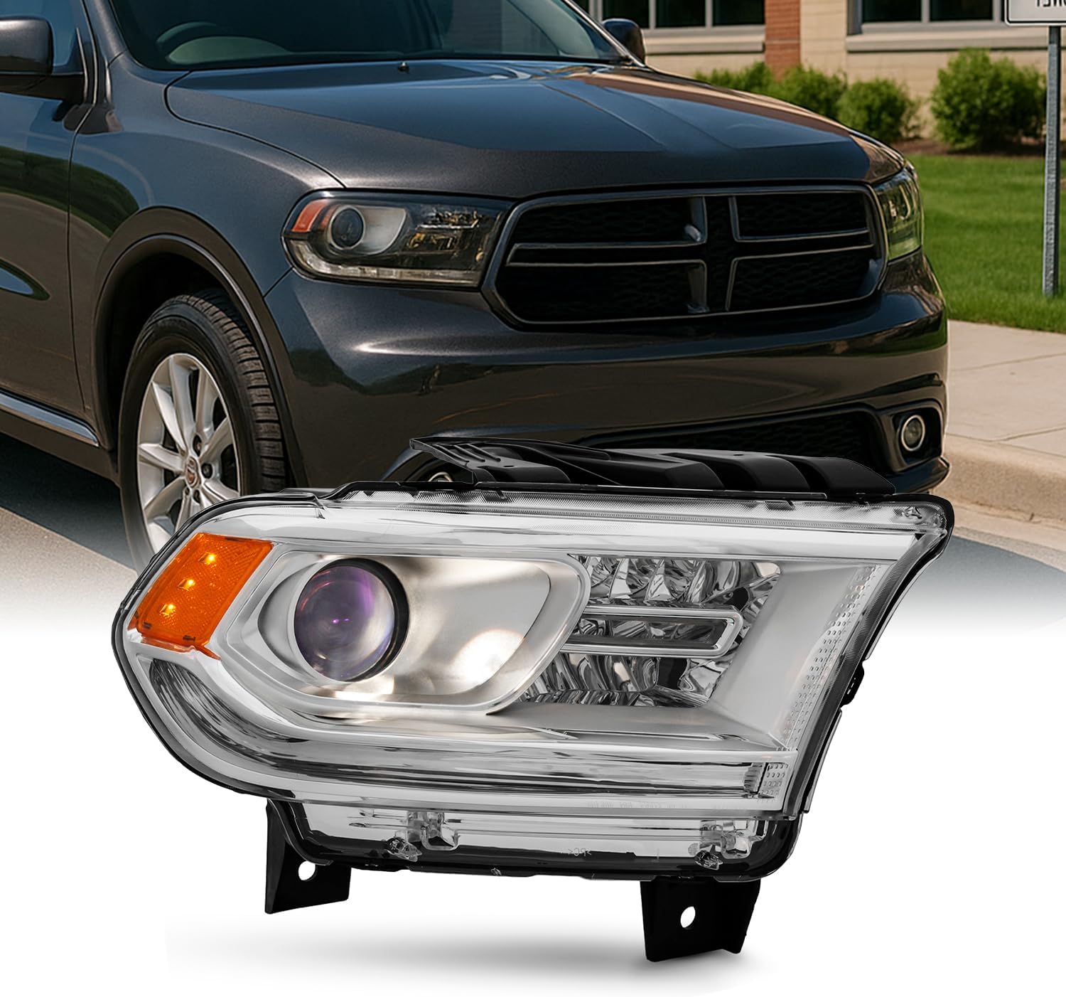 AKKON - Fit 2014 2015 2016 2017 Dodge Durango [Halogen Type] Non-DRL Models OE Style Projector Headlight Passenger Right Chrome