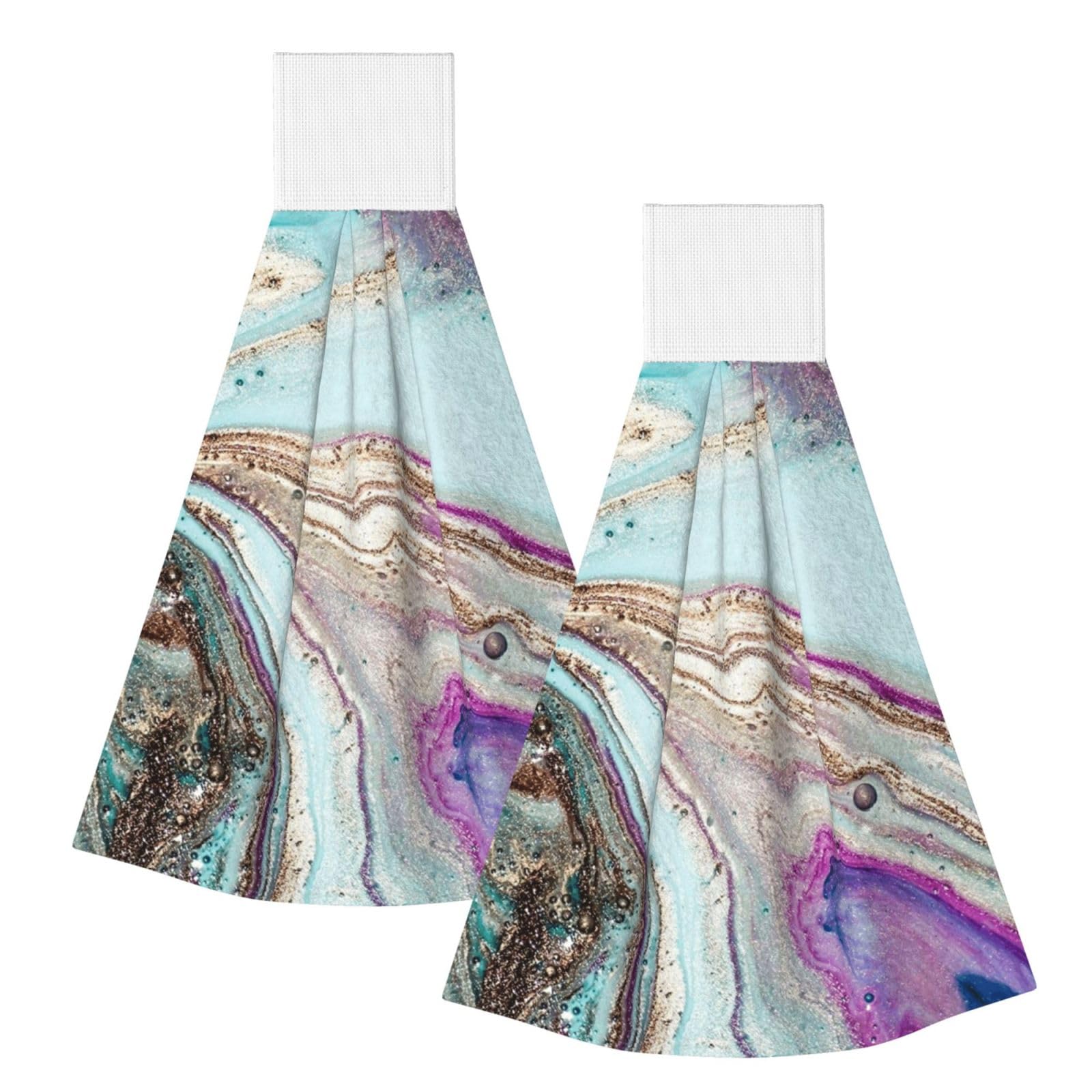 DOPKLNA Rainbow Agate Geode Rock, 2 Pcs Hanging Coral Fiber Hand Towels for Bathroom, Absorbent Kitchen Towels