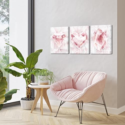 Miniatura 4 de Biuteawal Arte de pared rosa de 3 paneles, pinturas geométricas abstractas sobre lienzo, impresión de corazón de diamante, tulipán, cuadro floral,