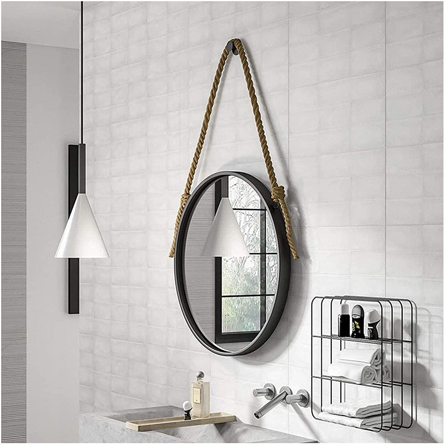 TYUHDUYUR Wall Mirror with Hainging Hemp Rope Wall-Mounted Makeup Mirror Bathroom Round Large Mirror - Black Metal Frame Exquisite / 50cm