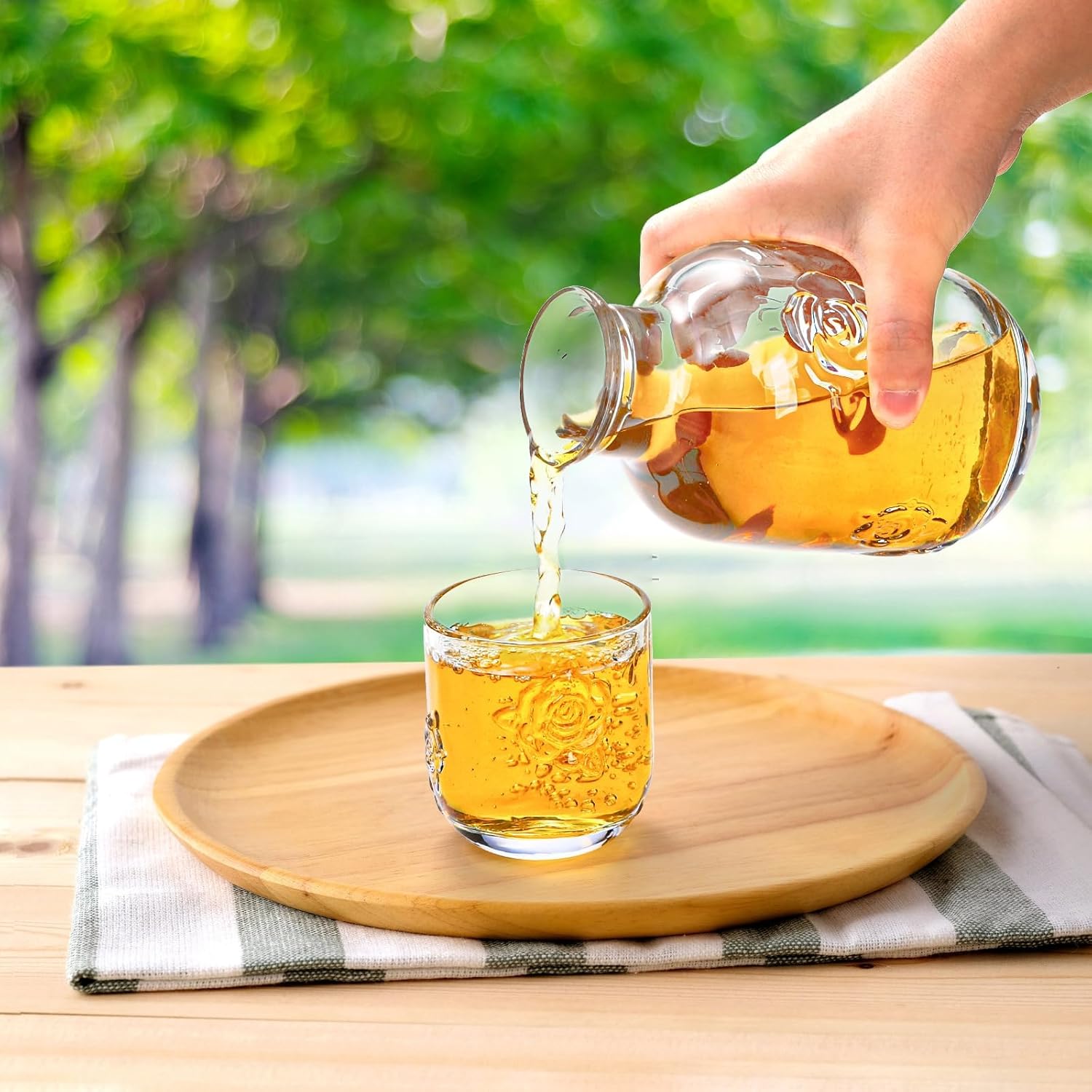 Goaste 2 Sets Bedside Water Carafe with Tumbler, 16oz Vintage Nightstand Glass Pitcher with 5oz Cups, Clear Mouthwash Decanter with Embossed Rose Design for Bathroom, Bedroom, Bar, Kitchen - Image 6