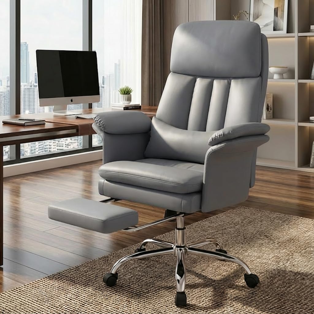 Hellove Bürostuhl mit Fußstütze & Lordosenstütze – Ergonomischer Chefsessel 135° Neigung, Feste Armlehnen, PU-Leder, Höhenverstellbar bis 200 kg für Homeoffice, Grau