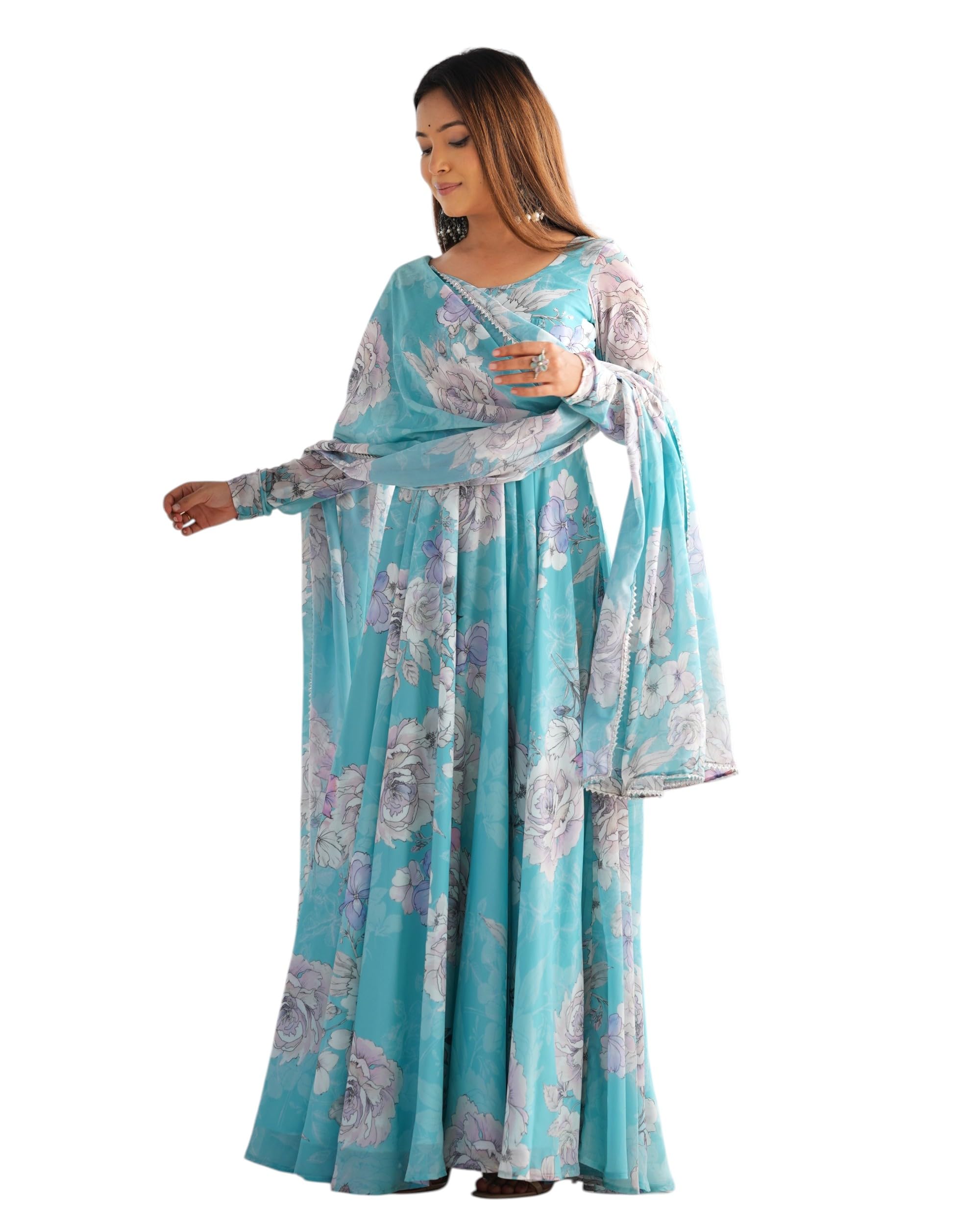 kryvyn Women's Fox Georgette Floral Print Anarkali Gown with Dupatta, Fully Flared Ethnic, Sky Blue-picture-25