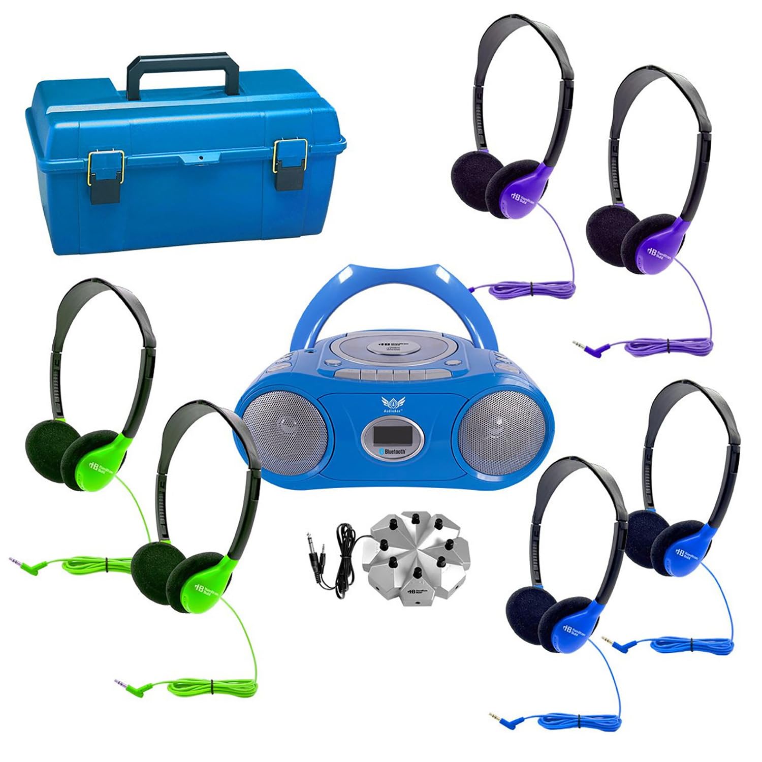 HamiltonBuhl 6-Station Listening Center with AudioAce Bluetooth Boombox, 6 Colorful Schoolmate Personal-Sized Headphones, Jackbox & Carry Case