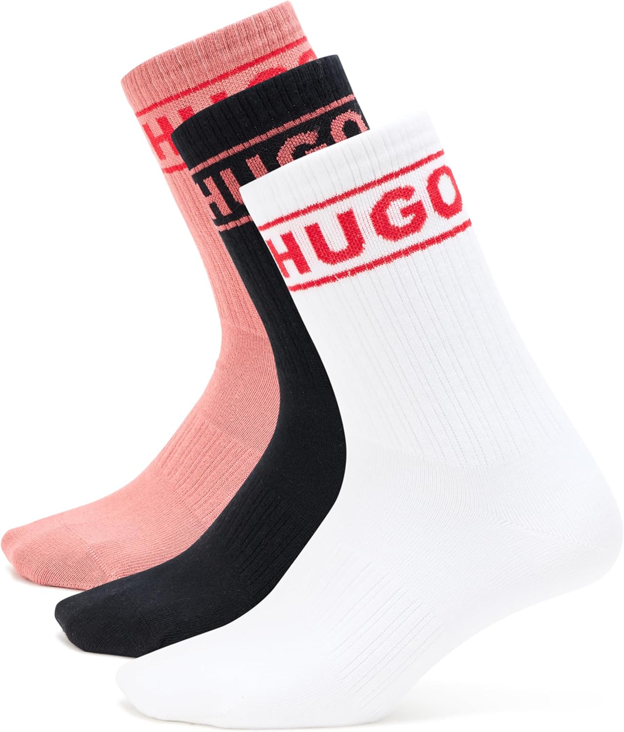 HUGO 3-Pack Big Logo Ribbed Combed Cotton Socks, black/white/black, 3-9