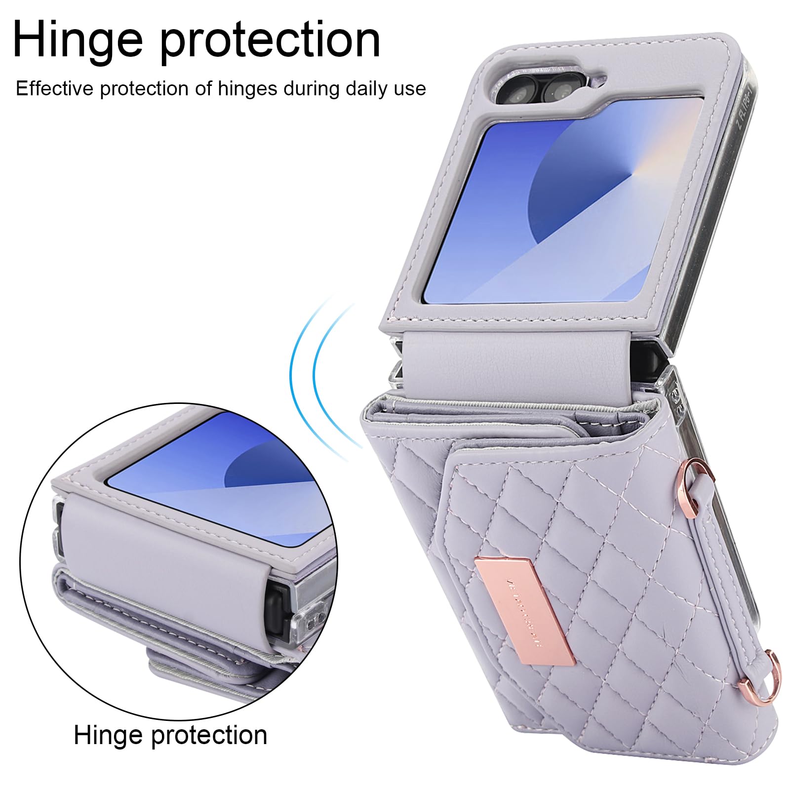 Etui portfelowe na telefon komórkowy Samsung Galaxy Z Flip 8 z wbudowaną skórzaną przegródką na gotówkę i uchwytem na karty kredytowe, regulowany pasek crossbody, ochrona zawiasów dla kobiet i