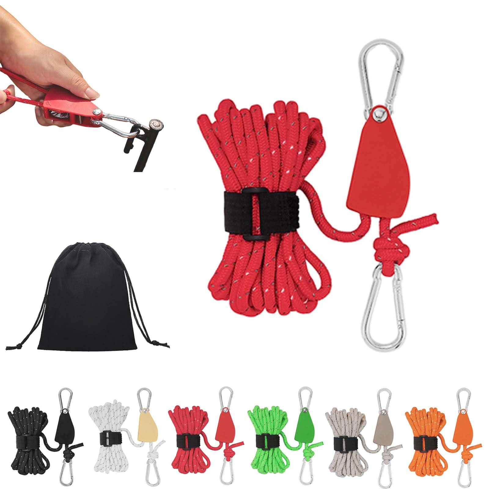 Gienslru Red Portable Adjustable Fix Camping Rope, Camping Rope With Ratchet Pulley, Portable Adjustable Fix Tent High Strength Fast Release Pulley Camping Rope For Tent Tarp, Canopy Shelter (16.4Ft/5M, )