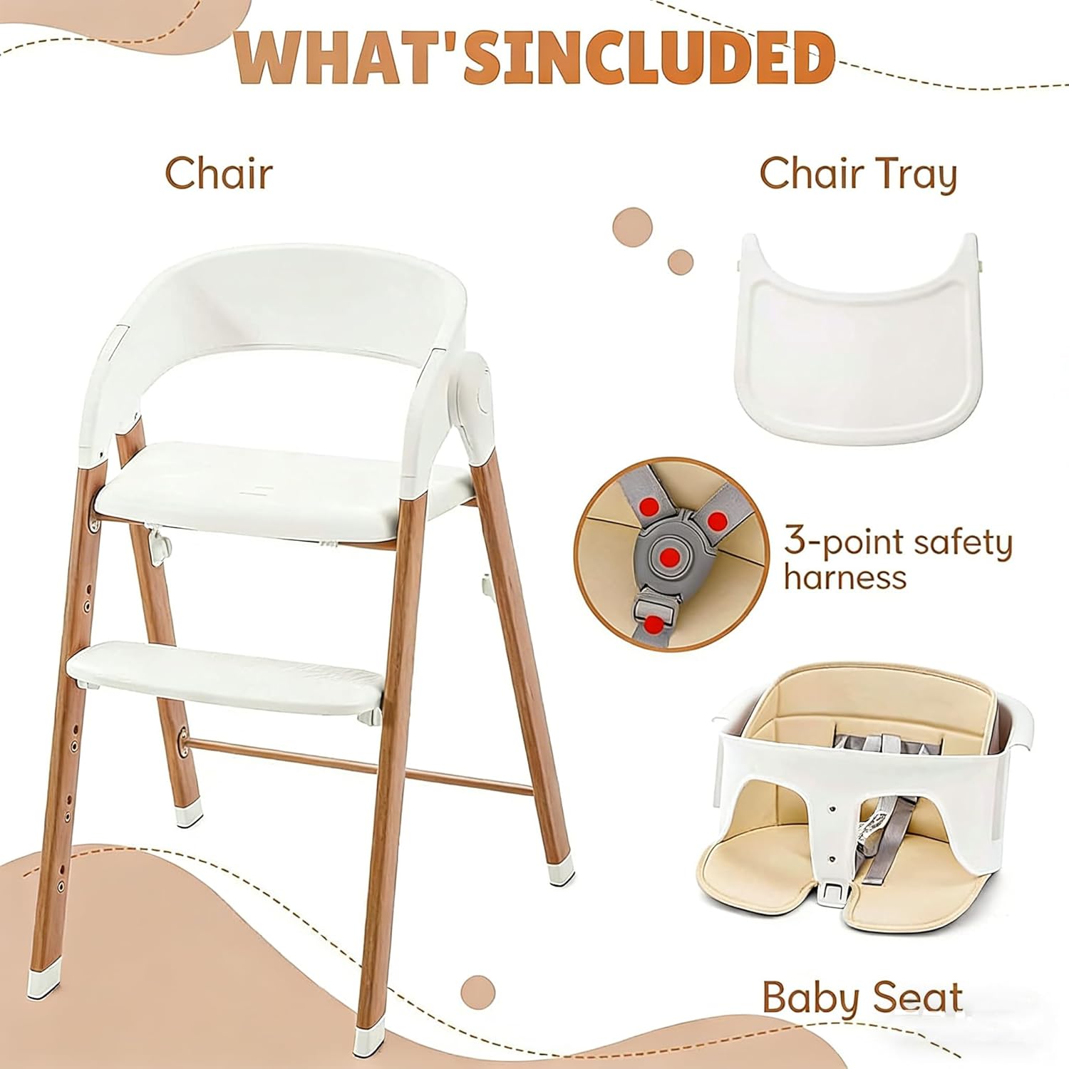 5 in 1 Baby high Chair,Adjustable Convertible Infant Chair with Removable Tray, Easy to Clean,Khaki