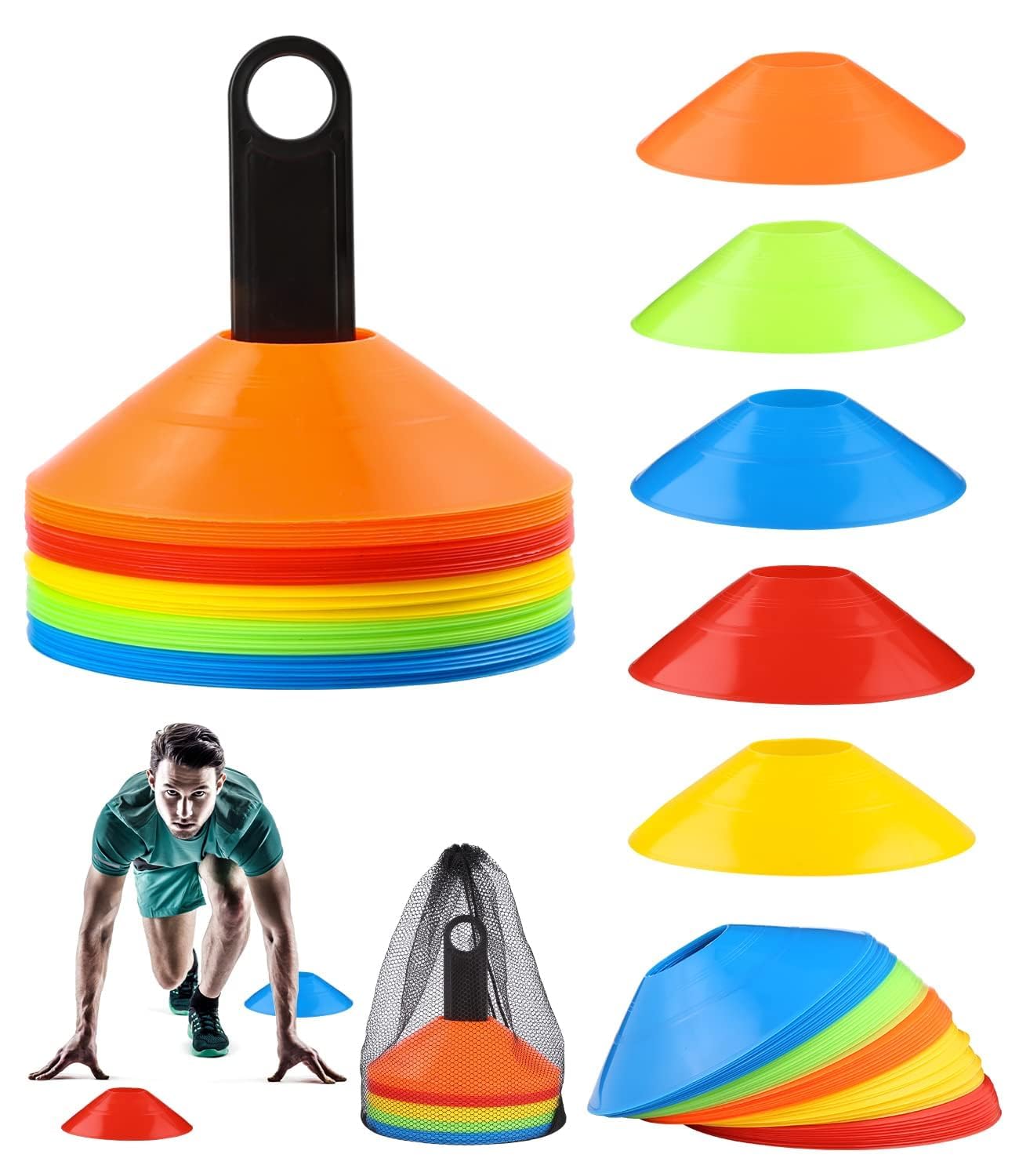 50 Pcs Plots Entrainement, Plots De Marquage pour Football Cône, Cônes à Disque avec Support de Rangement, Poche Filet, Plots Sport pour Délimitation Entraînement Football (5 Couleurs)