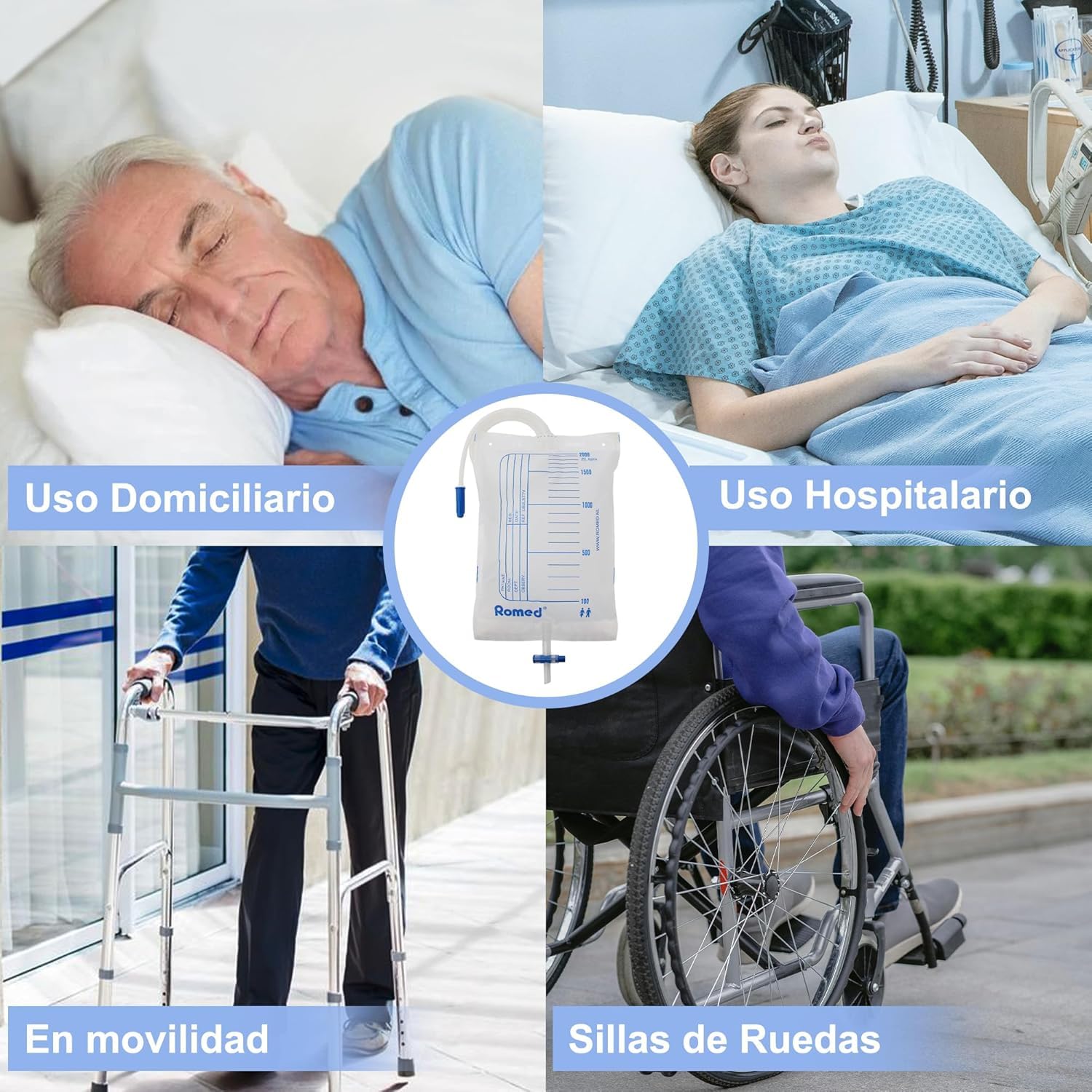 ROMED Bolsas de Orina 2 Litros Transparentes - Pack de 30 Unidades | Colector Urinario con Tubo Flexible de 90 cm y Válvula Anti-Reflujo | Diseñadas para Incontinencia en Hombre y Mujer