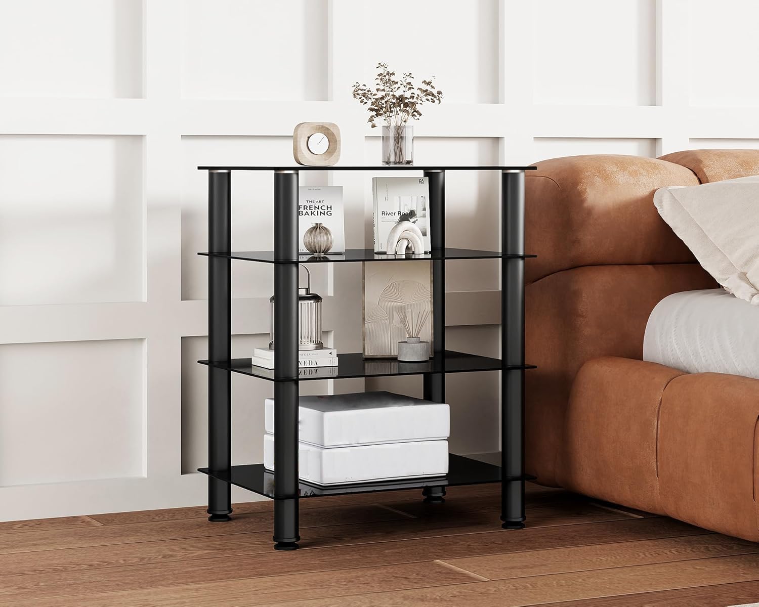 FITUEYES Supporto HIFI a 4 Livelli con Vetro Temprato Nero, Rack HiFi Altezza Regolabile e Piedini Livellatori, Mobile Giradischi 60 × 46 × 77 cm, Carico 40 kg, per Amplificatore/Giradischi