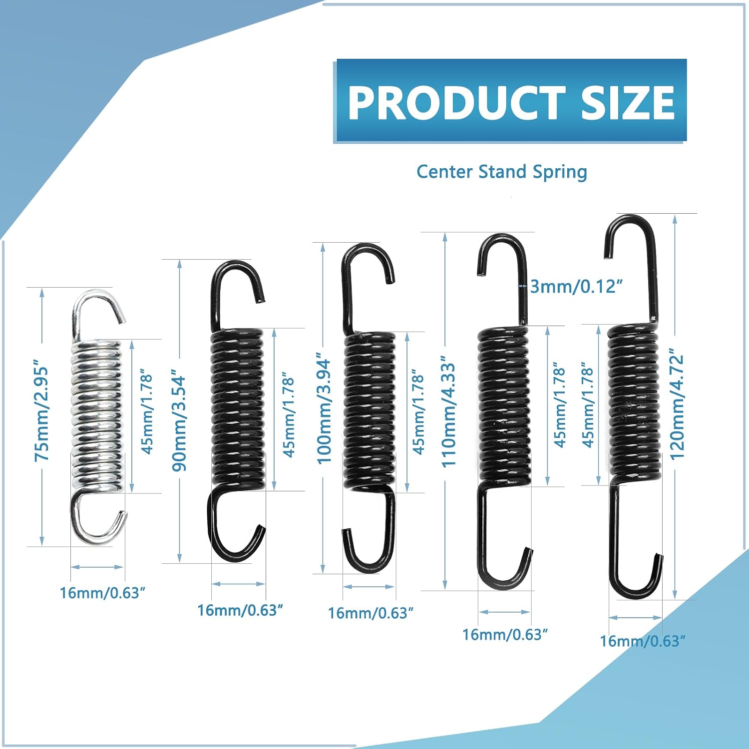 5Pcs Motorcycle Center Stand Spring in Heavy Spring Steel Material,Overall Length 75mm 90mm 100mm 110mm 120mm