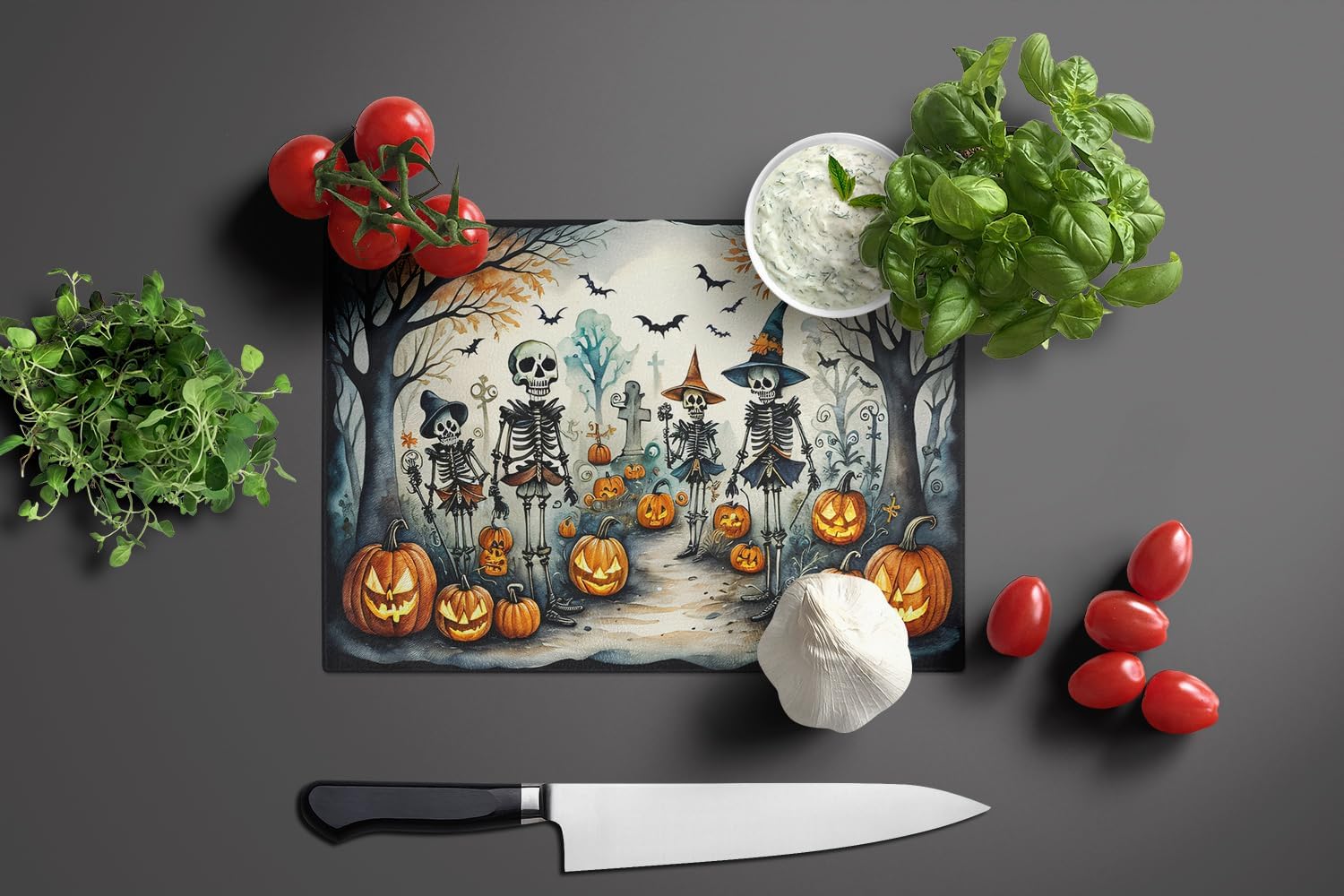 Caroline's Treasures DAC2225LCB Calacas Skeletons Spooky Halloween Glass Cutting Board Large Decorative Tempered Glass Kitchen Cutting and Serving Board Large Size Chopping Board