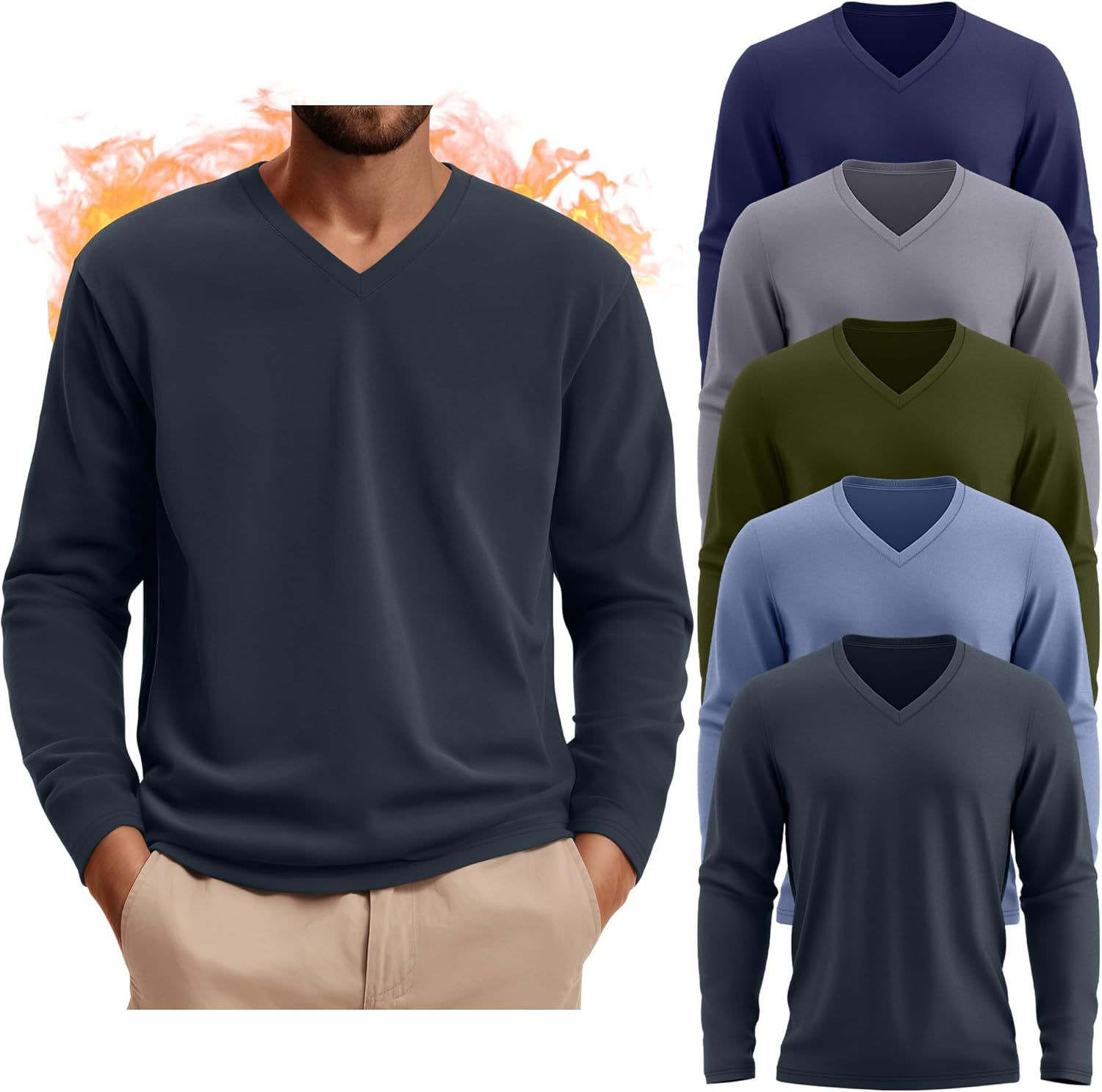 August Alley 5 Pack Thermal Long Sleeve Shirts for Men V Neck Fleece T Shirt Loose Fit Base Layer Sweatshirts Cold Weather