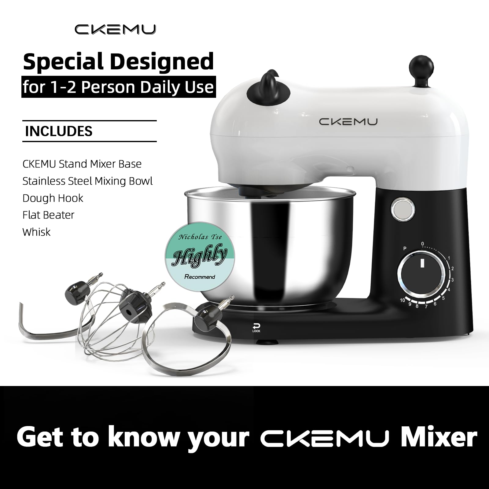 CKEMU Stand Mixer, Compact & Space-Saving, Stainless Steel Bowl, Unique & Playful Design, Effcient Motor, Dishwasher-Safe Attachments, SM-2549A (Panda) view 2