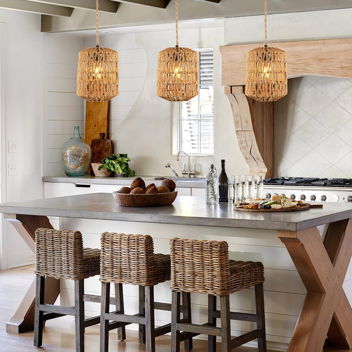Lampadario Rattan, Lampada a Sospensione Boho Con Paralume E27 | Lampadario Vintage Per Soggiorno, Camera da Letto, Cucina Con Potenza Massima di 60W