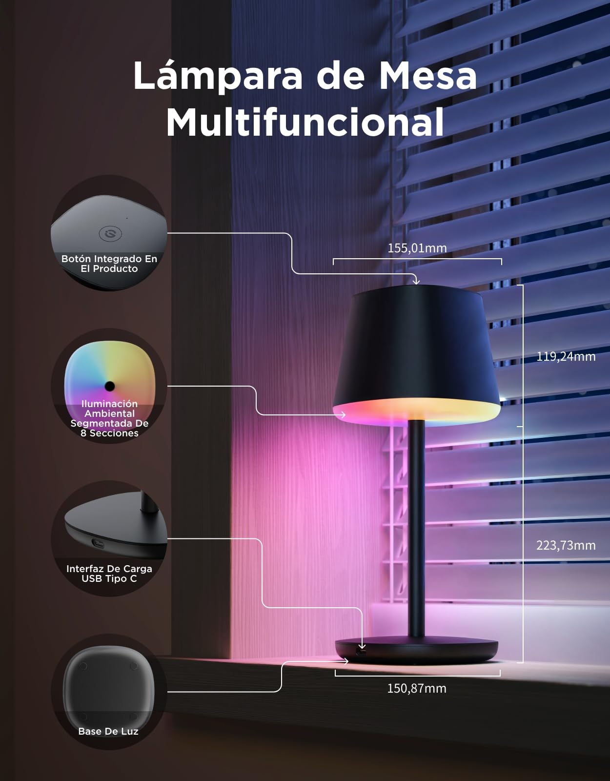 Govee RGBICWW Lamparas de Mesita de Noche, Lampara Mesita Noche LED | Compatible con Matter Alexa, 72 Escenas, 500LM Regulable, Recargable 4800mAh, 2700-6500K Lamp para Sala de Estar y Dormitorio