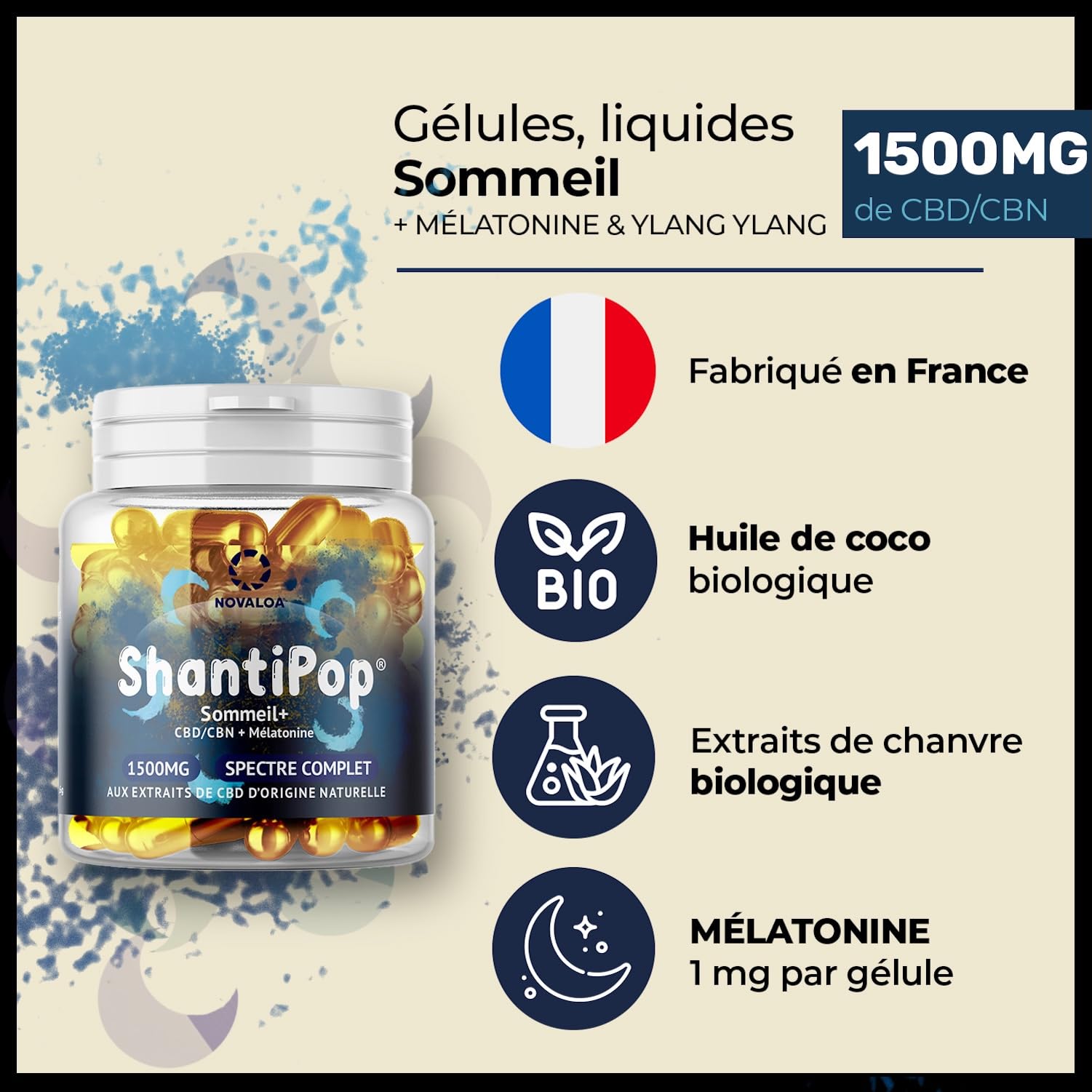 ShantiPop - Gélules Liquides Sommeil+ - Huile de Graines de Chanvre Pressées à Froid 1500mg - Mélatonine & Ylang Ylang - Fabriqué en France - 30 Gélules