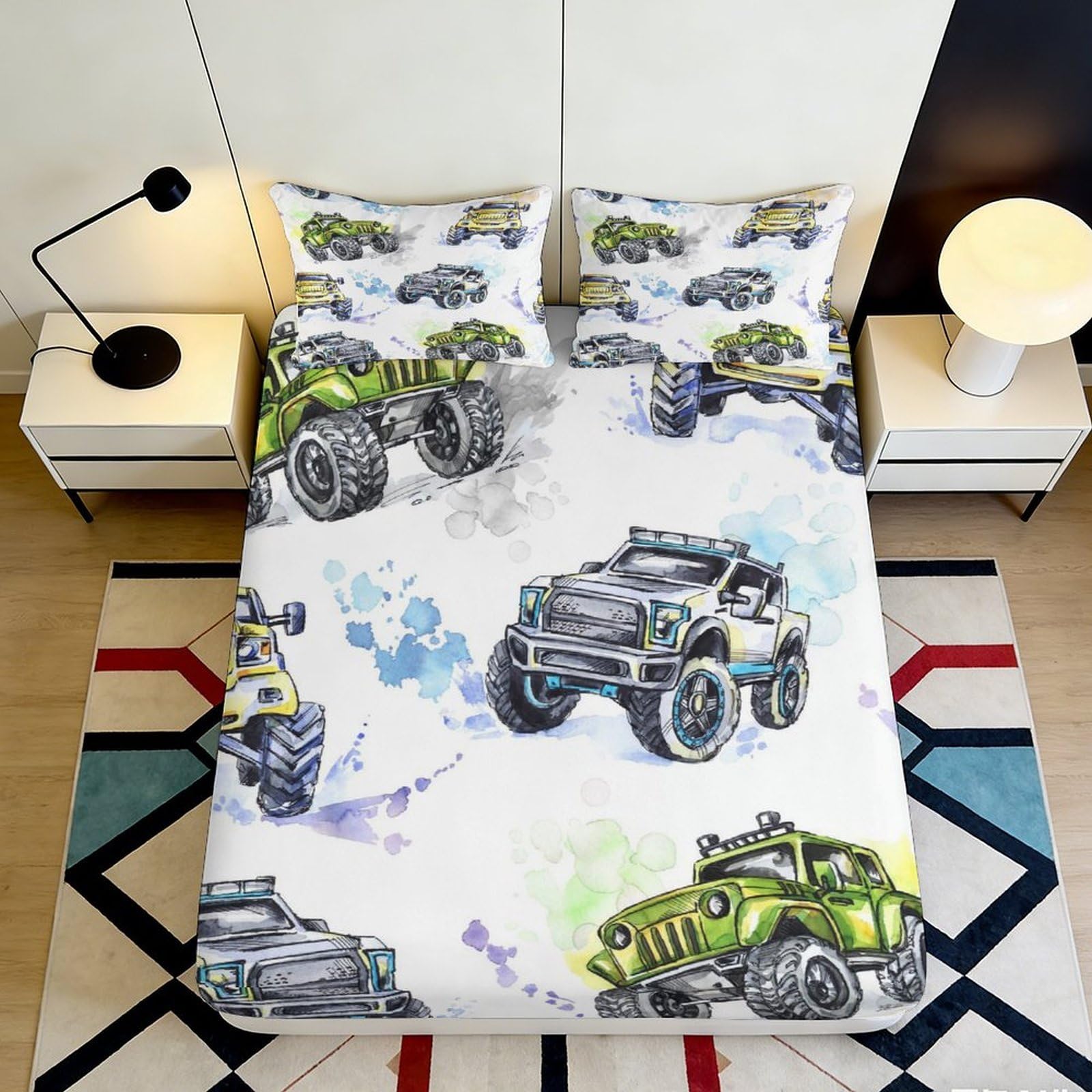 3D Printed Monster Truck Fitted Sheet Microfiber Durable Soft 3D Printed Offroad Vehicle Mattress Cover for Bedroom Dormitory Guest Room 120x200x25cm